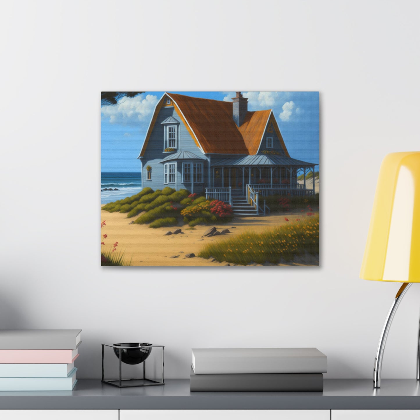 Coastal Retreat: Beach Cottage Canvas Wrap, Idyllic Coastal Landscapes, Serene Ocean Views, and Beachside Escapes, Sand Beaches.