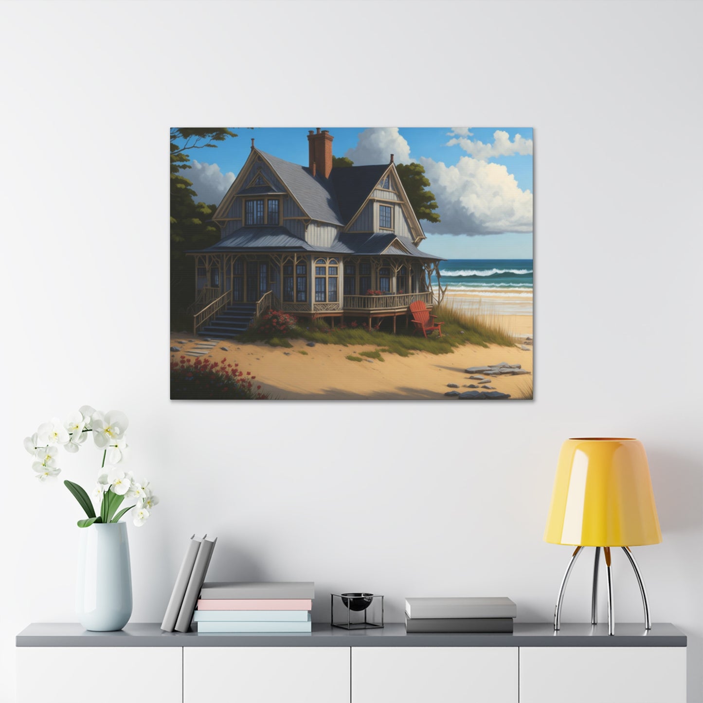 Coastal Retreat: Beach Cottage Canvas Wrap, Idyllic Coastal Landscapes, Serene Ocean Views, and Beachside Escapes, Sand Beaches.