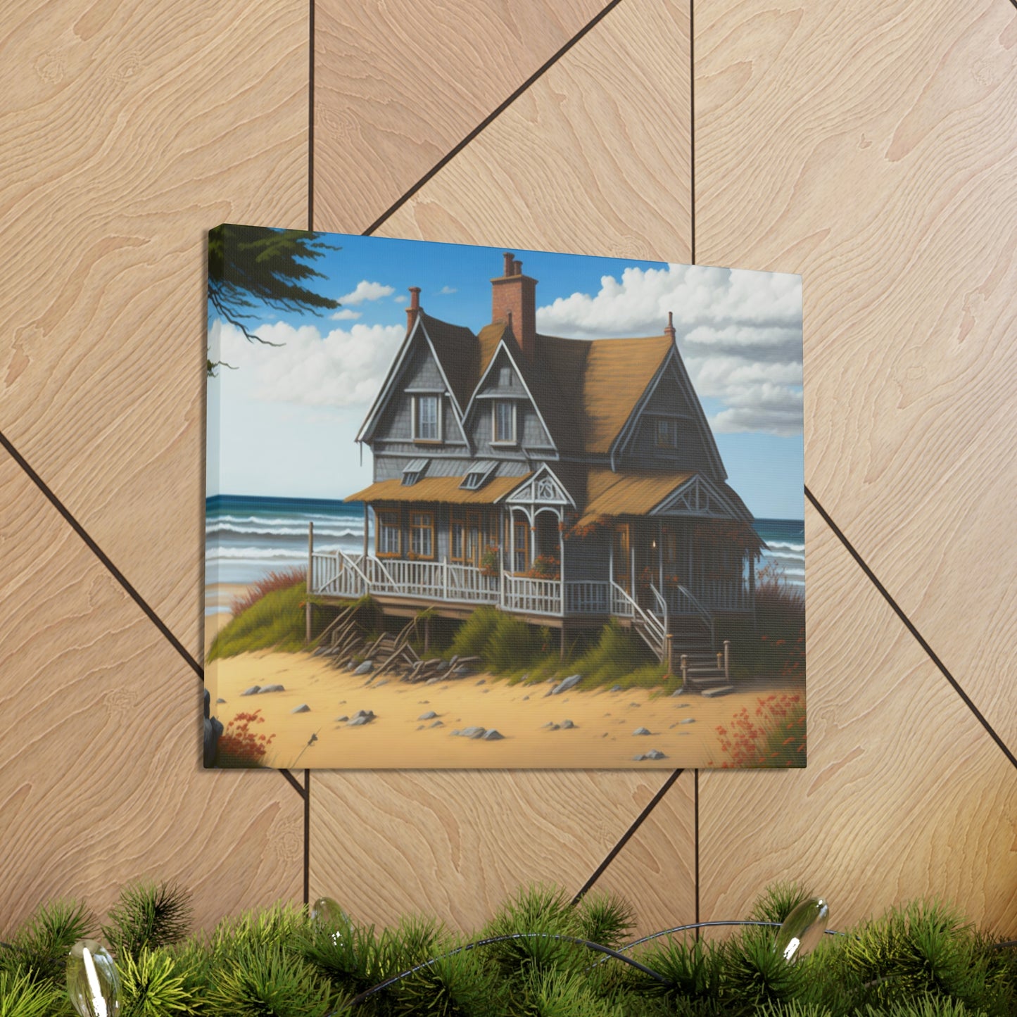 Coastal Retreat: Beach Cottage Canvas Wrap, Idyllic Coastal Landscapes, Serene Ocean Views, and Beachside Escapes, Sand Beaches.