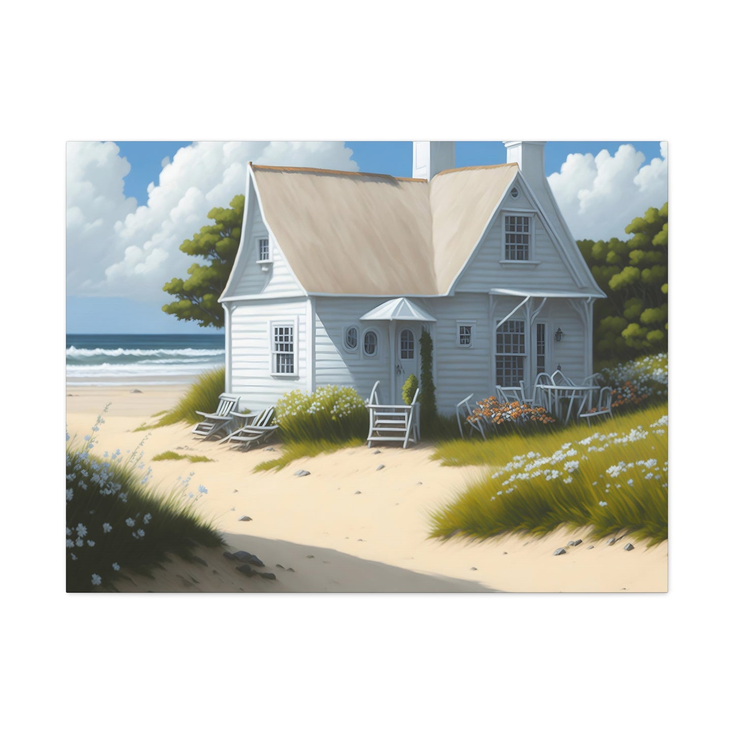 Coastal Retreat: Beach Cottage Canvas Wrap, Idyllic Coastal Landscapes, Serene Ocean Views, and Beachside Escapes, Sand Beaches.