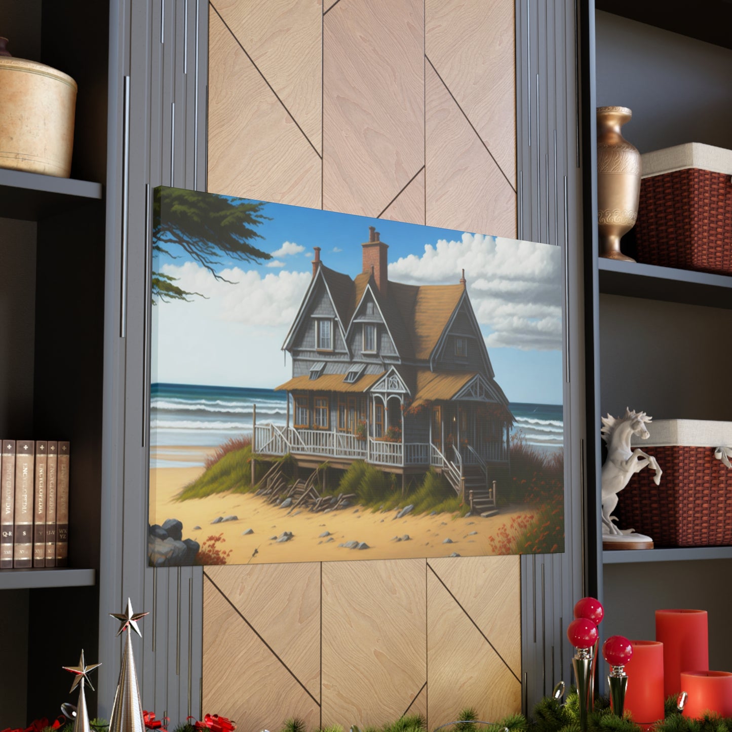 Coastal Retreat: Beach Cottage Canvas Wrap, Idyllic Coastal Landscapes, Serene Ocean Views, and Beachside Escapes, Sand Beaches.