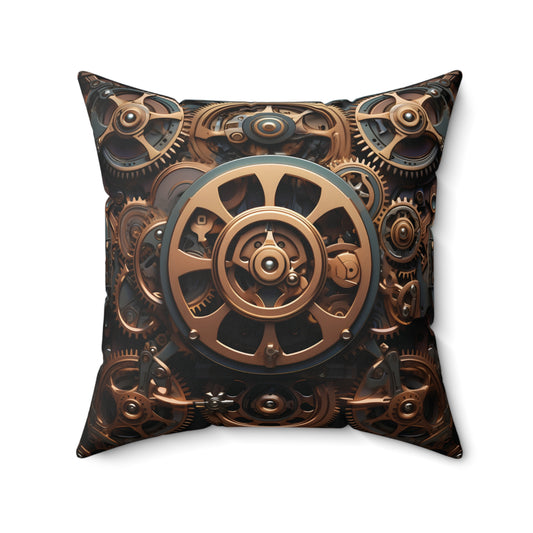 Steampunk Throw Pillow - Golden Gears on Blue, Spun Square Polyester Cushion for Home Decor, Unique Gift for Sci-Fi Fans