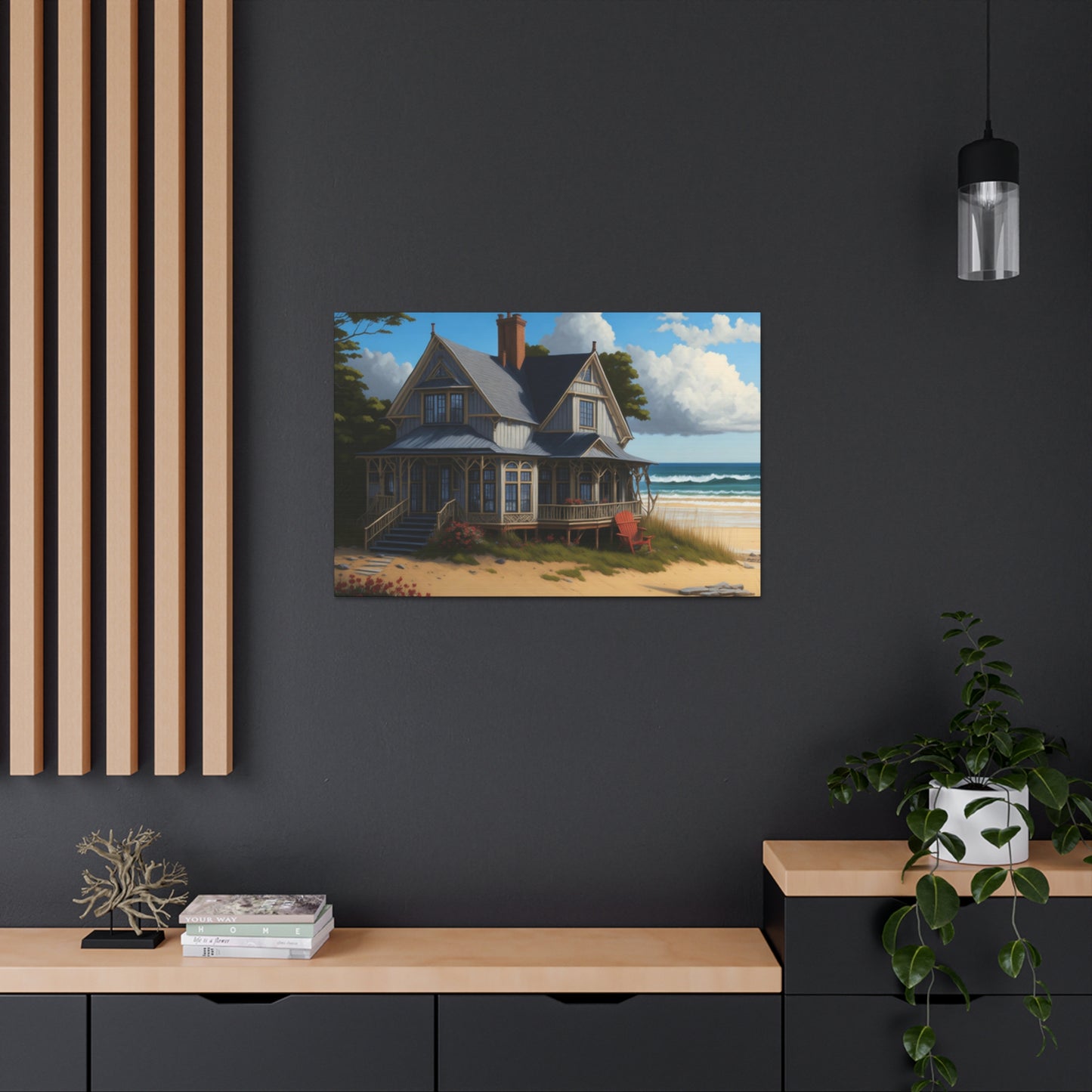 Coastal Retreat: Beach Cottage Canvas Wrap, Idyllic Coastal Landscapes, Serene Ocean Views, and Beachside Escapes, Sand Beaches.