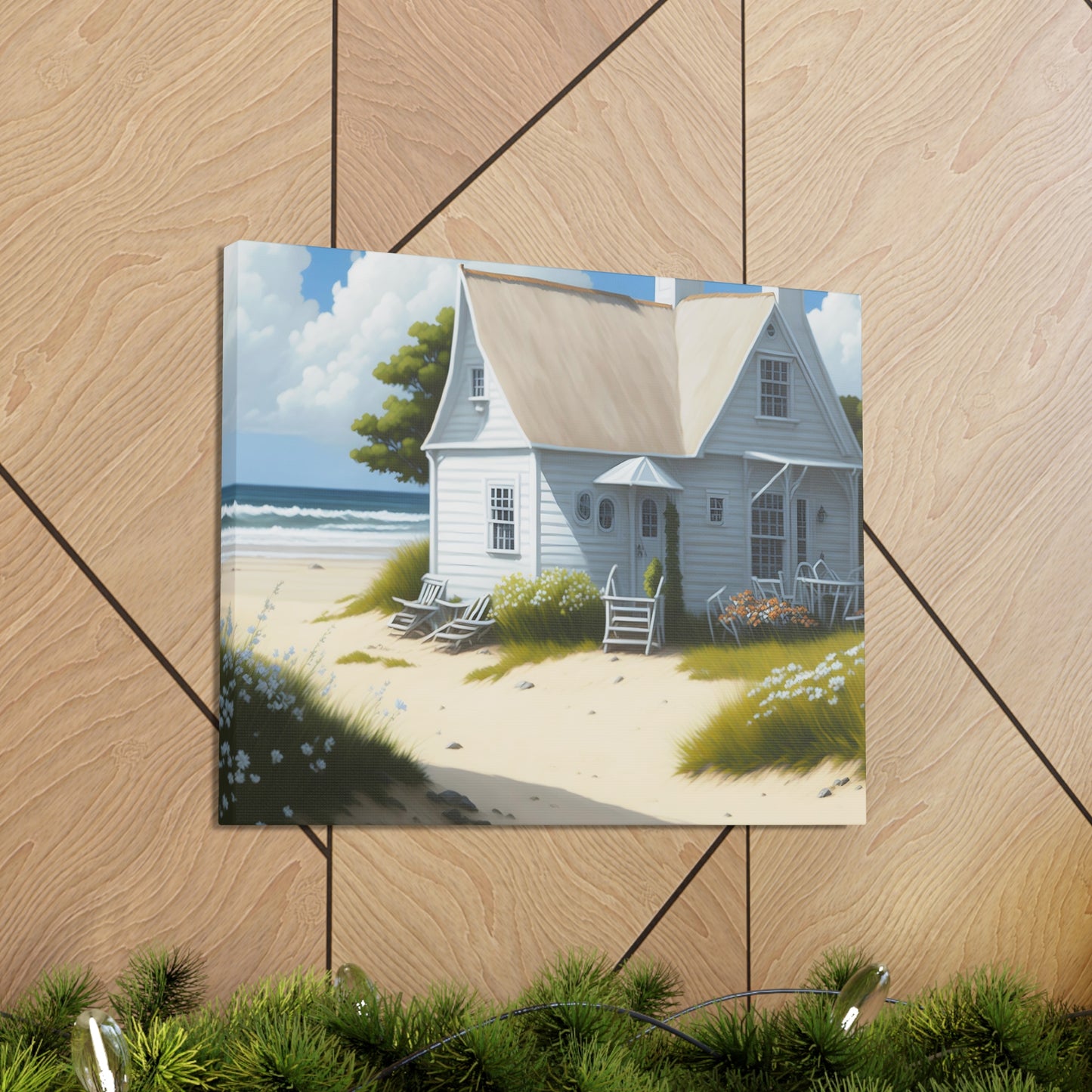 Coastal Retreat: Beach Cottage Canvas Wrap, Idyllic Coastal Landscapes, Serene Ocean Views, and Beachside Escapes, Sand Beaches.