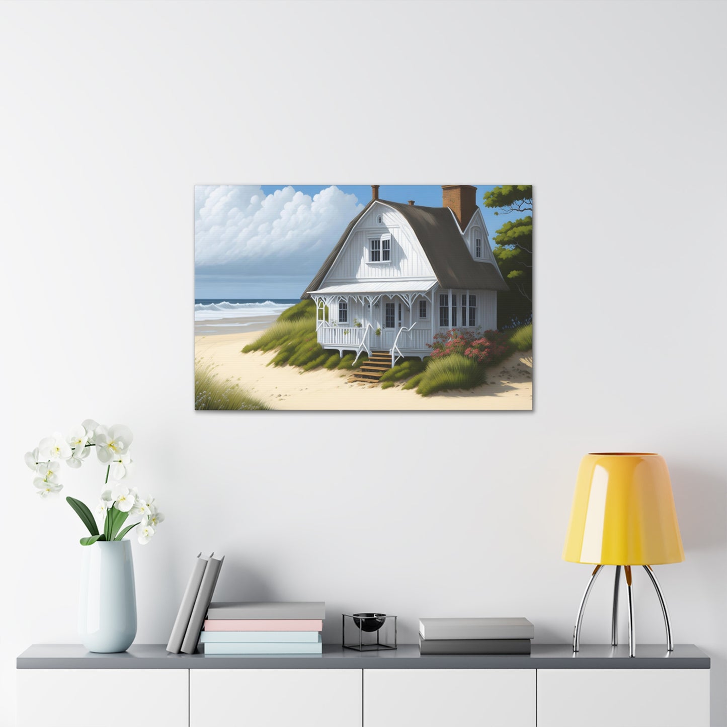 Coastal Retreat: Beach Cottage Canvas Wrap, Idyllic Coastal Landscapes, Serene Ocean Views, and Beachside Escapes.