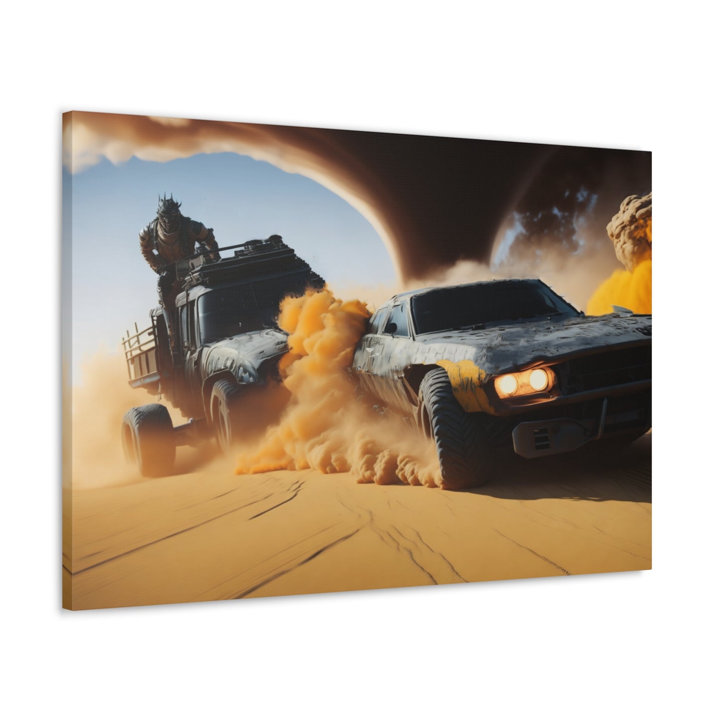 Apocalyptic Desert Chase Canvas Wall Art, Mad Max Style Vehicle Duel with Twister, Bold Living Room Decor, Adventure Seeker Gift