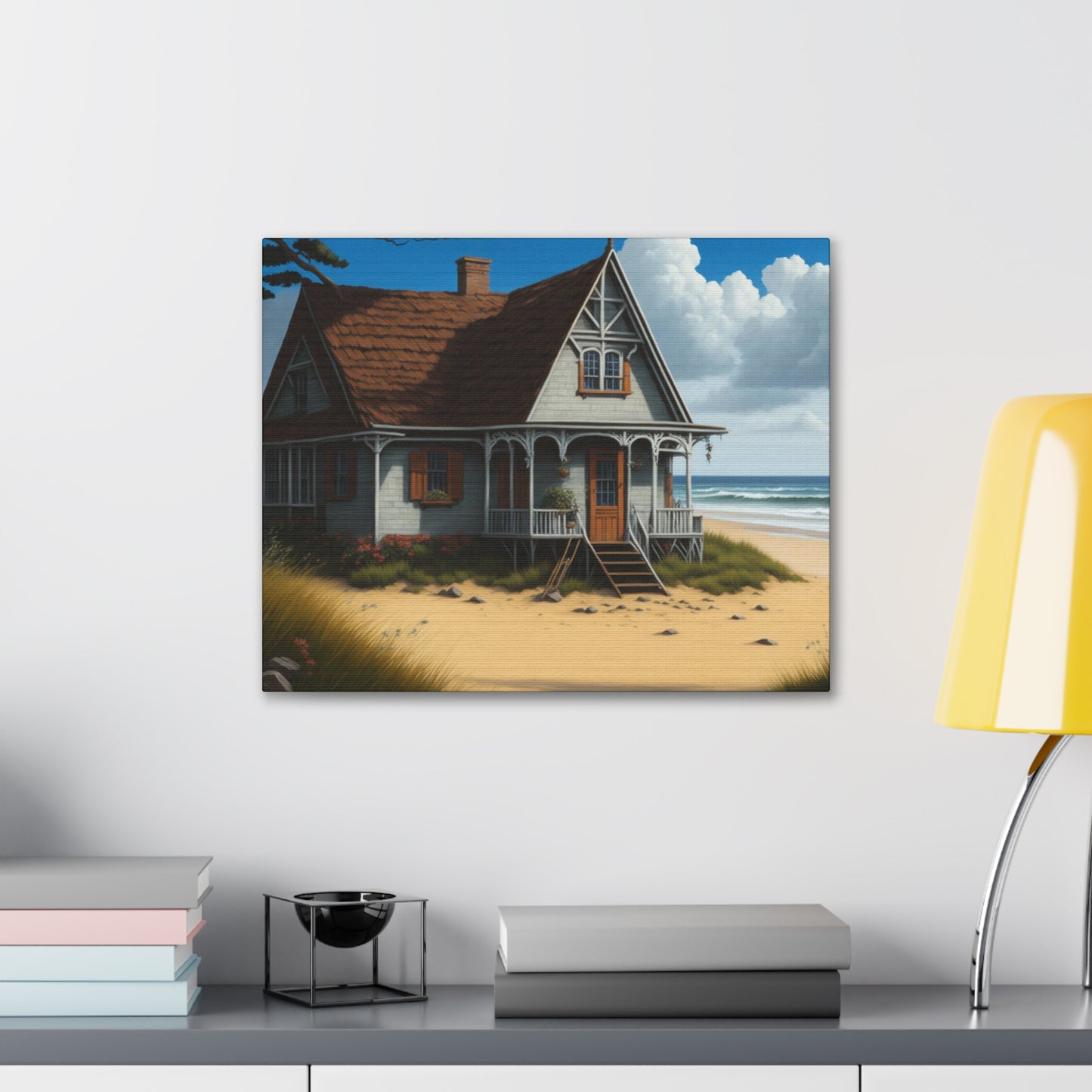 Coastal Retreat: Beach Cottage Canvas Wrap, Idyllic Coastal Landscapes, Serene Ocean Views, and Beachside Escapes, Sand Beaches.