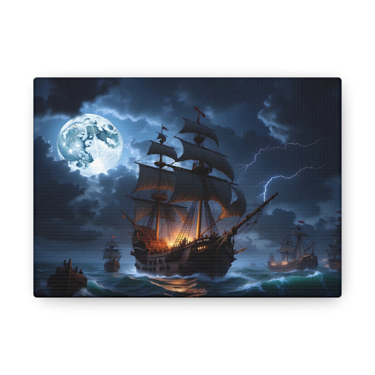 Vintage Naval Battle Canvas Print - Epic Sea Warfare with Tall Ships in Storm, Lightning Seascape Art, Gift for Historic Ship Fan