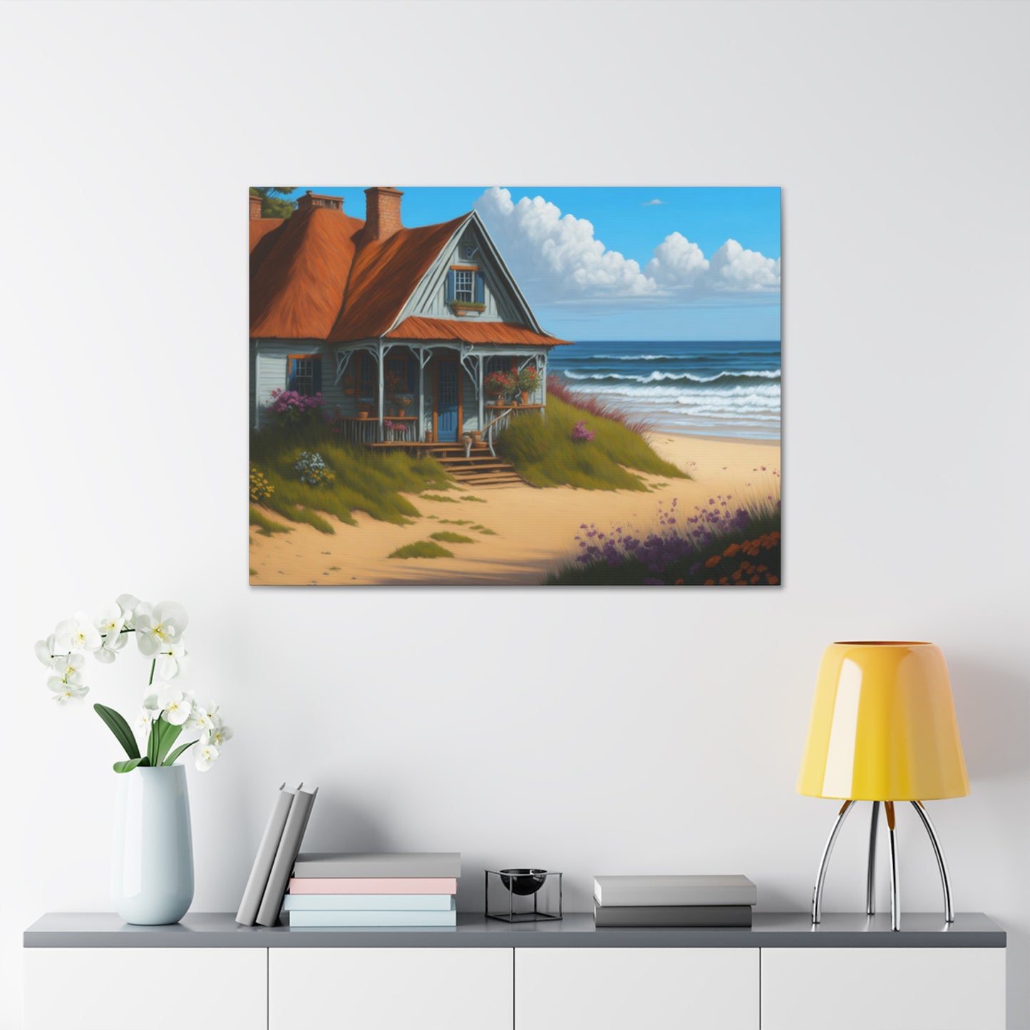 Coastal Retreat: Beach Cottage Canvas Wrap, Idyllic Coastal Landscapes, Serene Ocean Views, and Beachside Escapes, Sand Beaches.