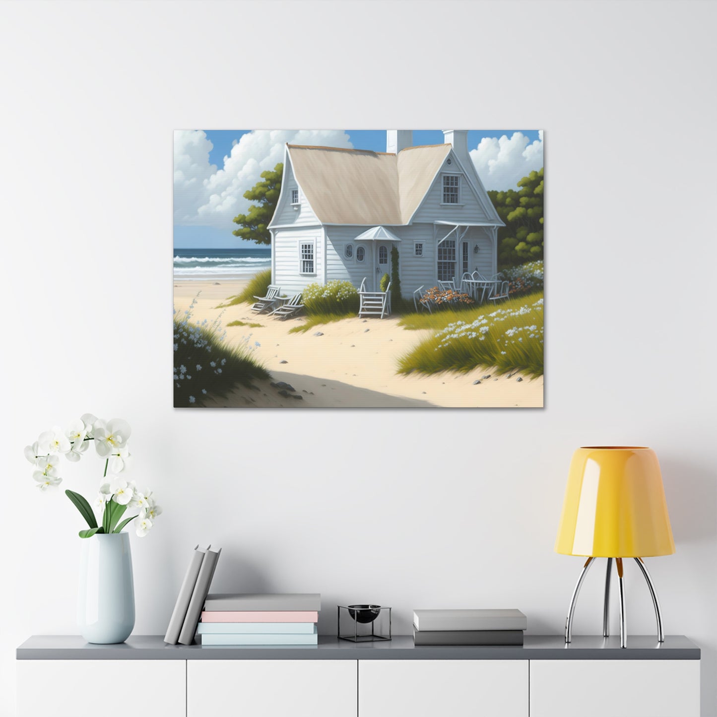 Coastal Retreat: Beach Cottage Canvas Wrap, Idyllic Coastal Landscapes, Serene Ocean Views, and Beachside Escapes, Sand Beaches.