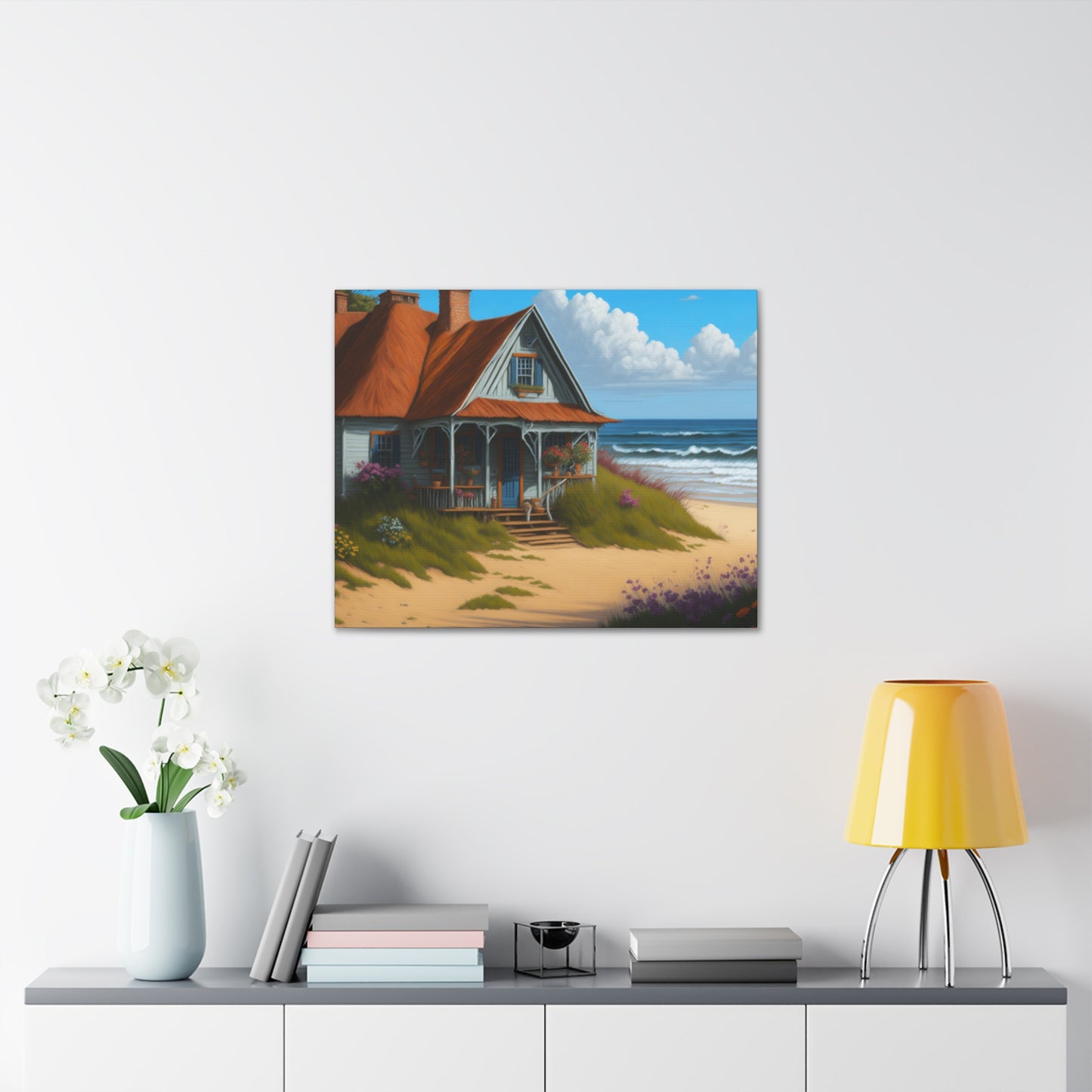 Coastal Retreat: Beach Cottage Canvas Wrap, Idyllic Coastal Landscapes, Serene Ocean Views, and Beachside Escapes, Sand Beaches.