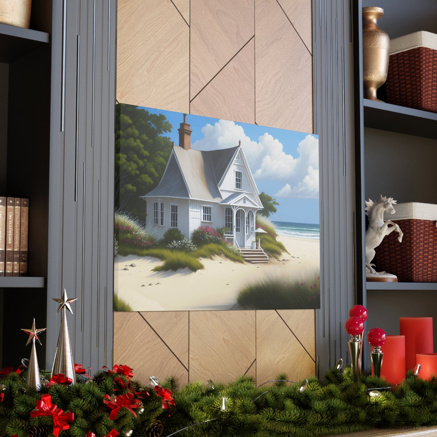 Coastal Retreat: Beach Cottage Canvas Wrap, Idyllic Coastal Landscapes, Serene Ocean Views, and Beachside Escapes, Sand Beaches.