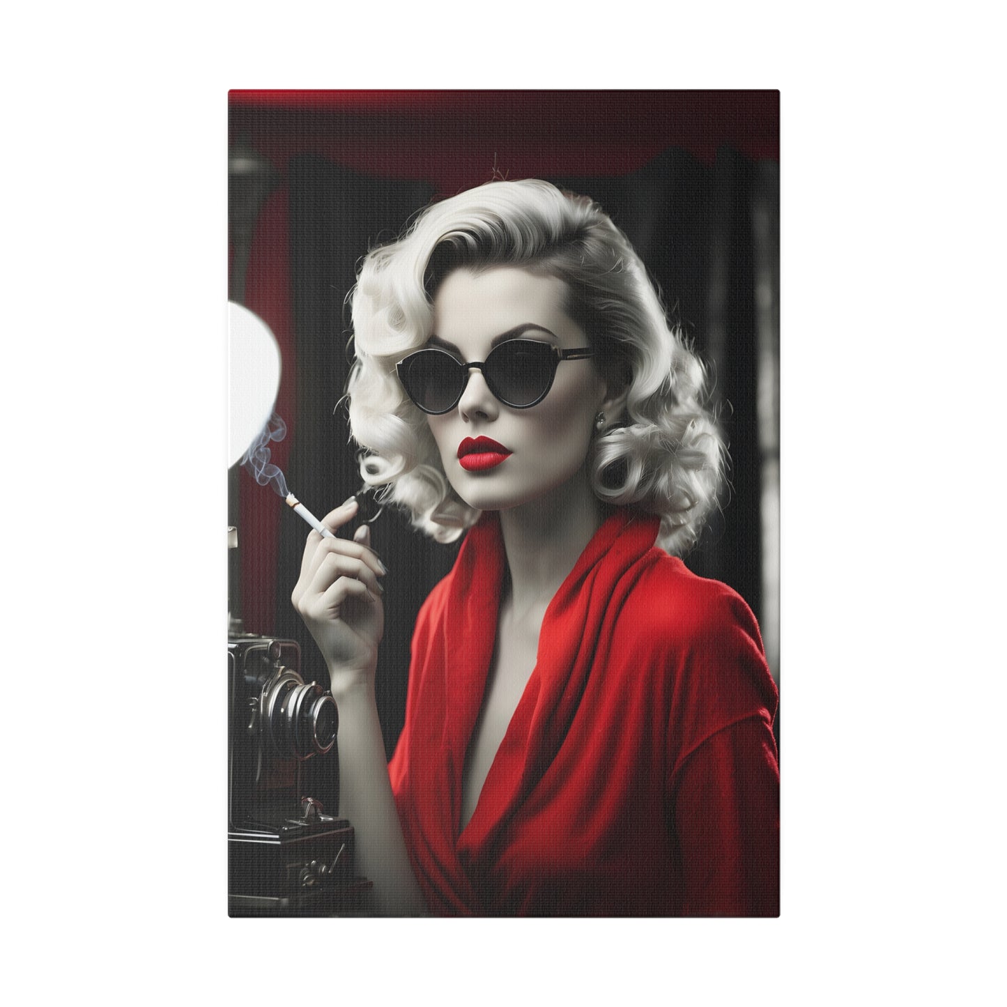 Classic Hollywood Glamour - Timeless Beauty in Red Canvas Print - Vintage-Inspired Starlet with Camera - Available from 8x10 to 32x48 inches