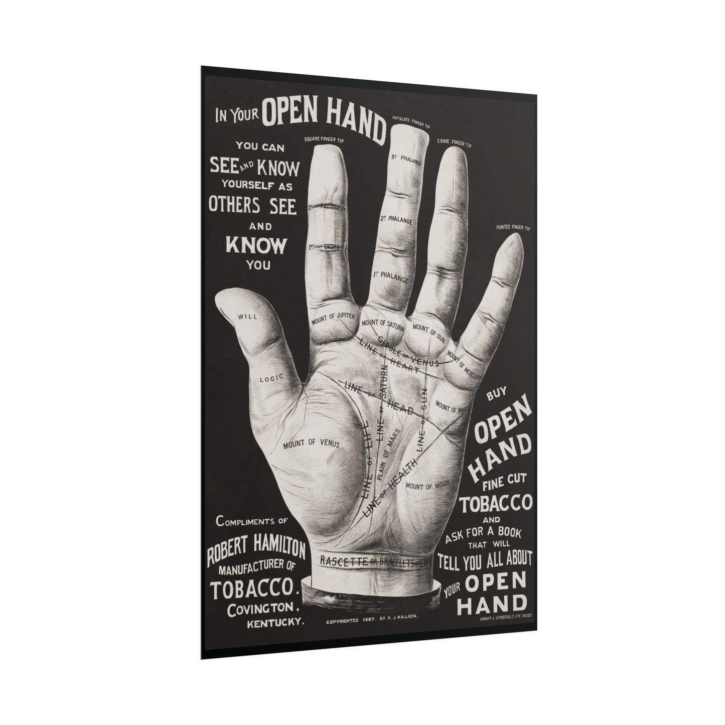 Vintage Palmistry Hand Poster | Open Hand Fine Cut Tobacco | Five Sizes Available | Retro Wall Art | Occult Décor | 1887 Advertisement