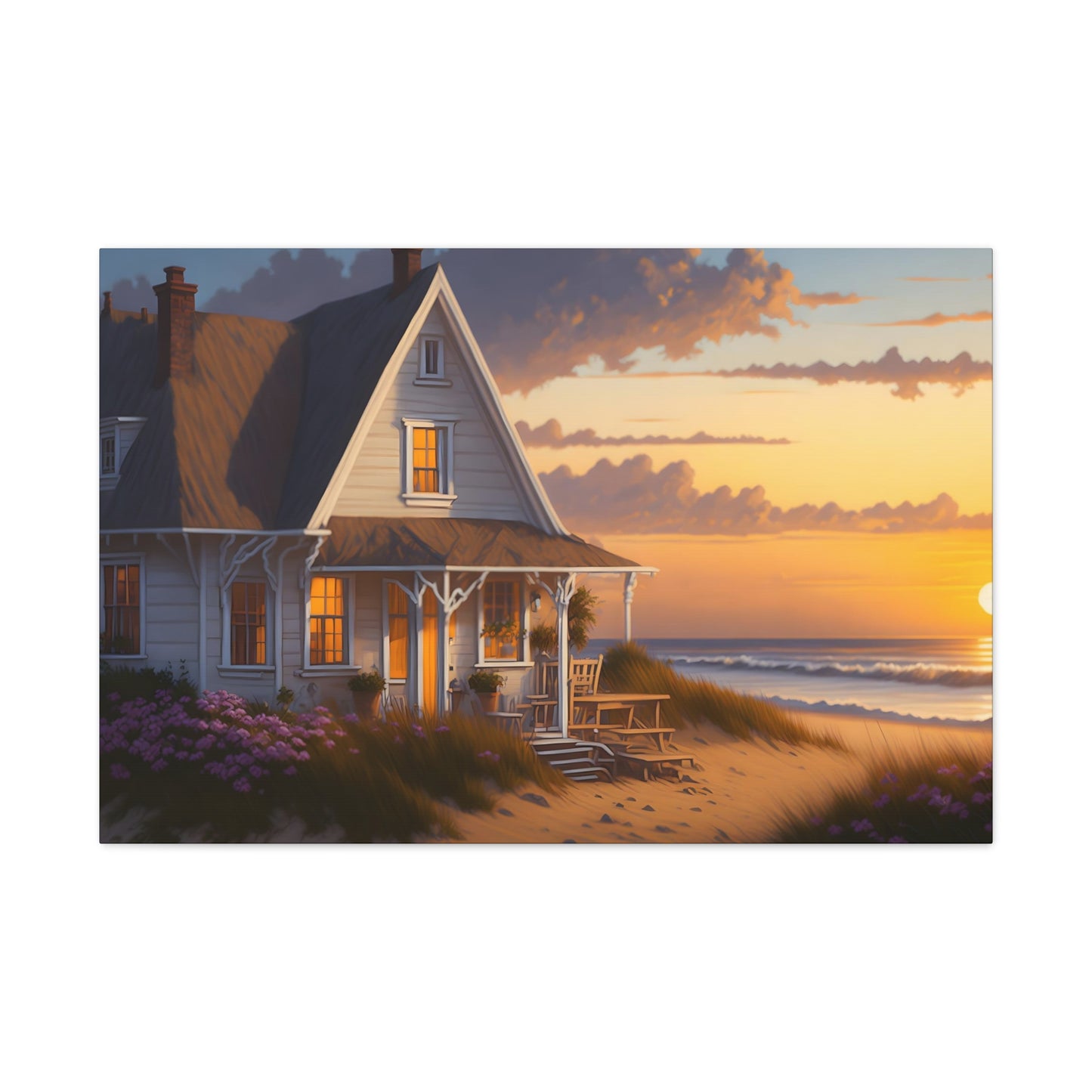 Coastal Retreat: Beach Cottage Canvas Wrap, Idyllic Coastal Landscapes, Serene Ocean Views, and Beachside Escapes Canvas Wrap Art