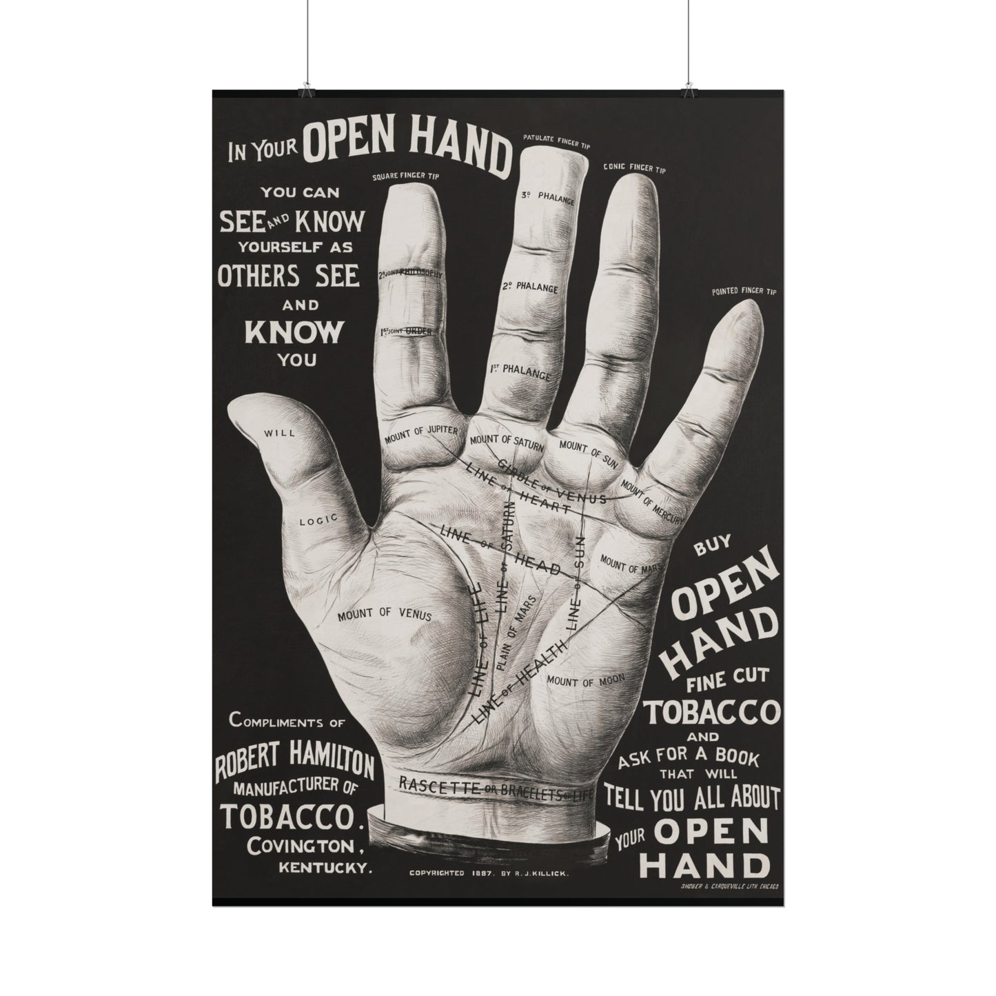 Vintage Palmistry Hand Poster | Open Hand Fine Cut Tobacco | Five Sizes Available | Retro Wall Art | Occult Décor | 1887 Advertisement