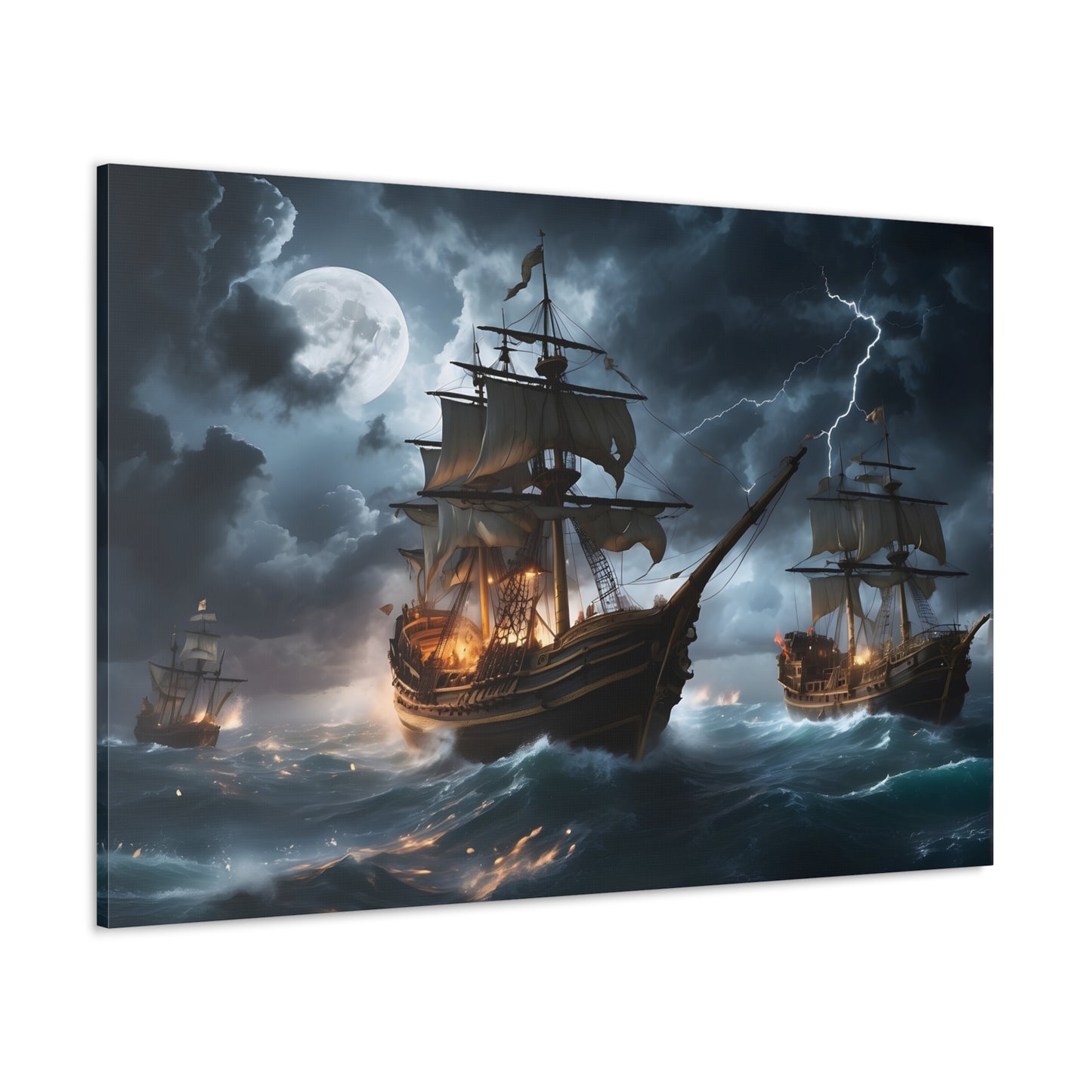 A canvas wrapped print  with the image of vintage tall ships in a battle at sea during a intense storm. 