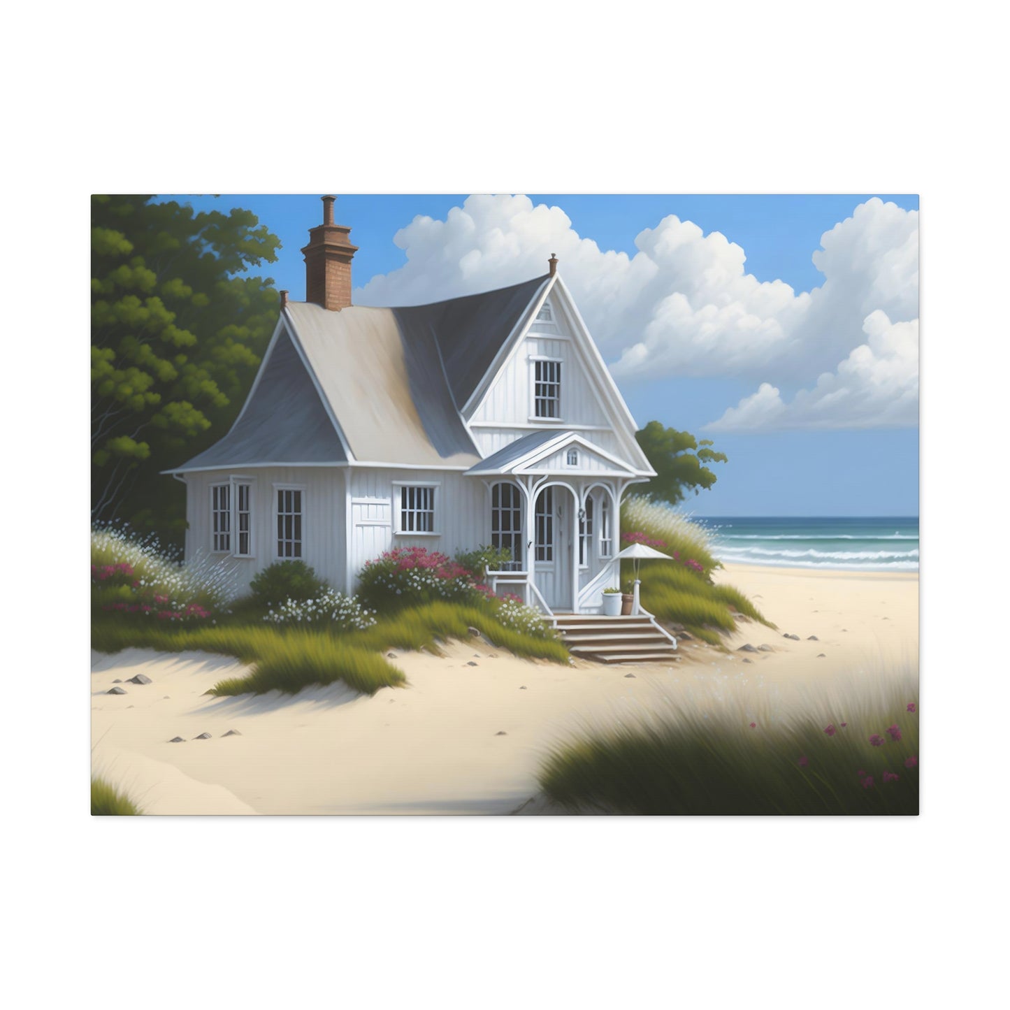 Coastal Retreat: Beach Cottage Canvas Wrap, Idyllic Coastal Landscapes, Serene Ocean Views, and Beachside Escapes, Sand Beaches.