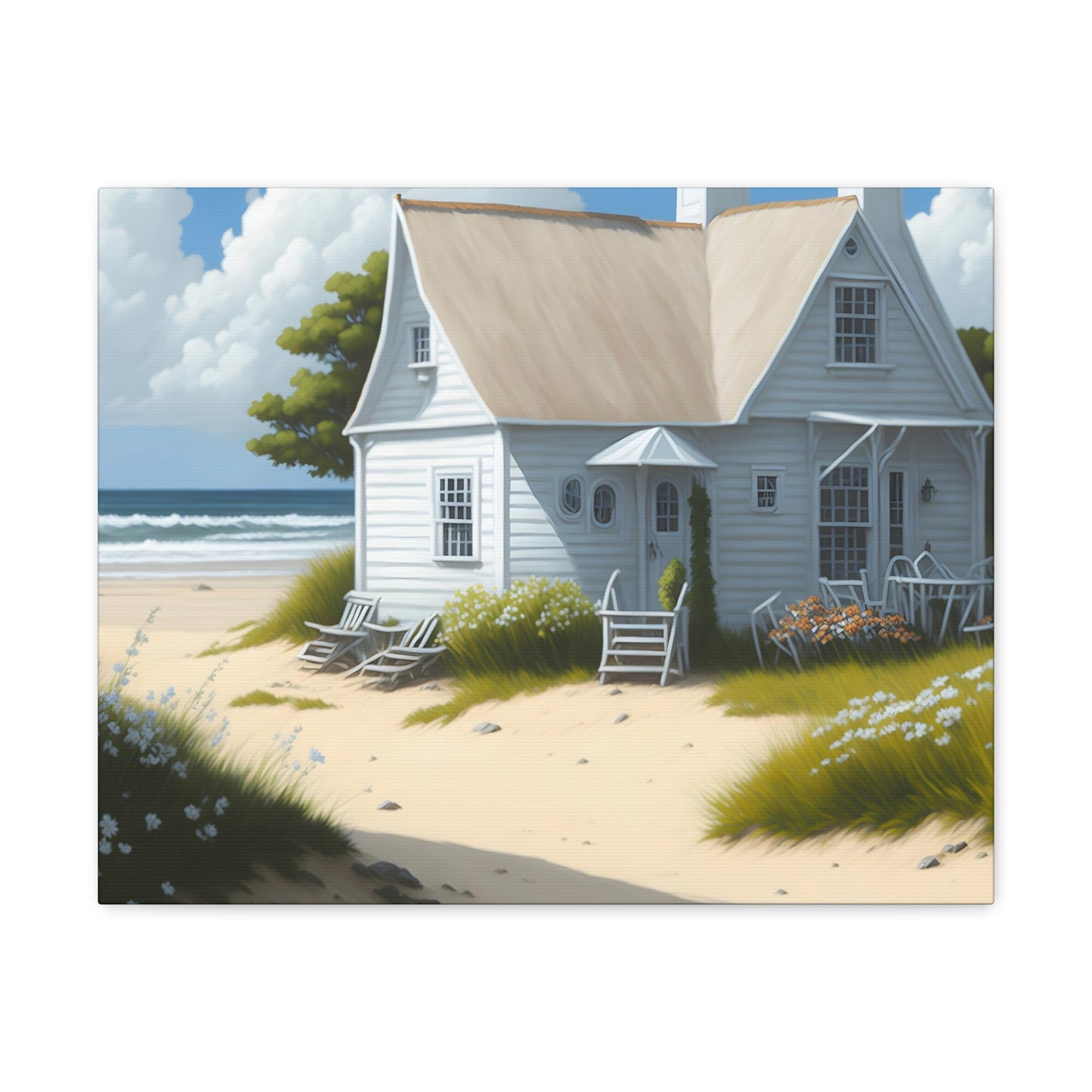 Coastal Retreat: Beach Cottage Canvas Wrap, Idyllic Coastal Landscapes, Serene Ocean Views, and Beachside Escapes, Sand Beaches.