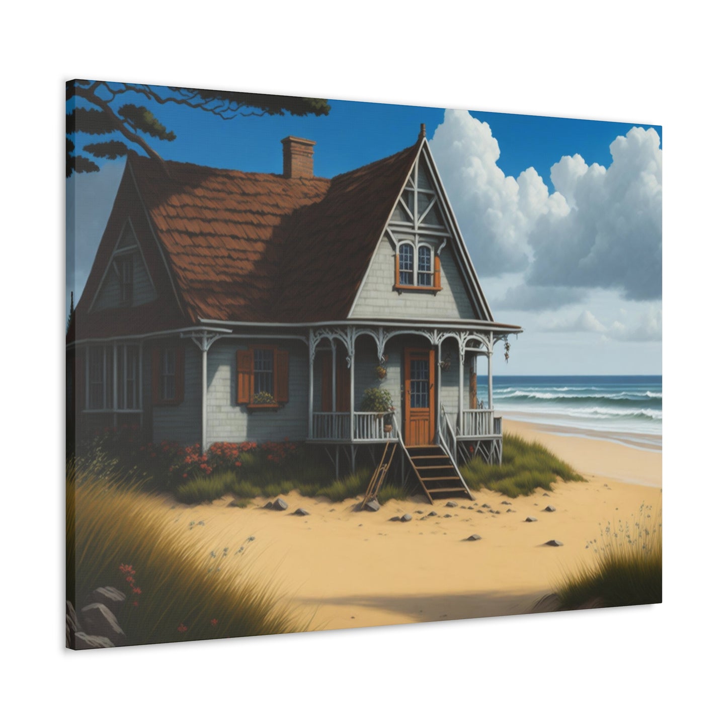 Coastal Retreat: Beach Cottage Canvas Wrap, Idyllic Coastal Landscapes, Serene Ocean Views, and Beachside Escapes, Sand Beaches.