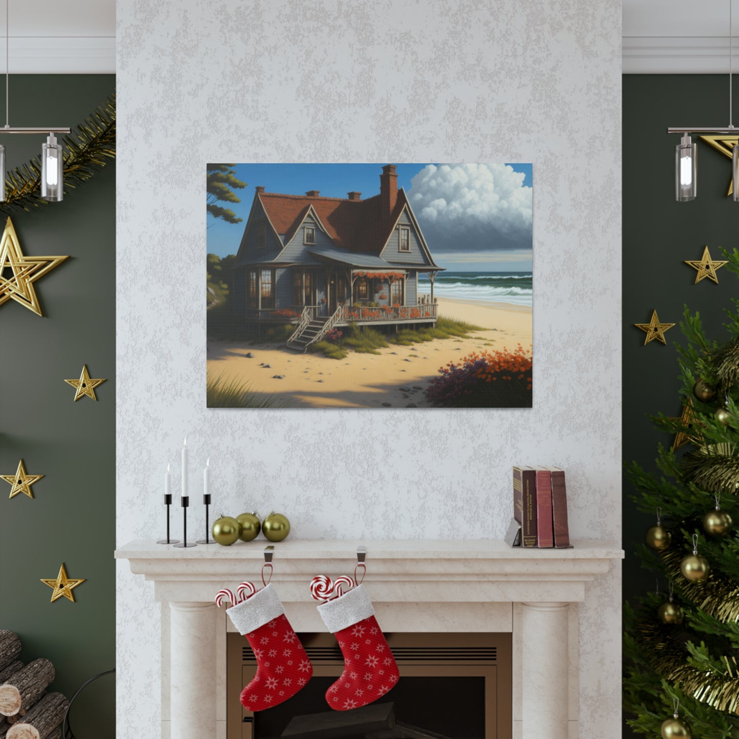 Coastal Retreat: Beach Cottage Canvas Wrap, Idyllic Coastal Landscapes, Serene Ocean Views, and Beachside Escapes, Sand Beaches.