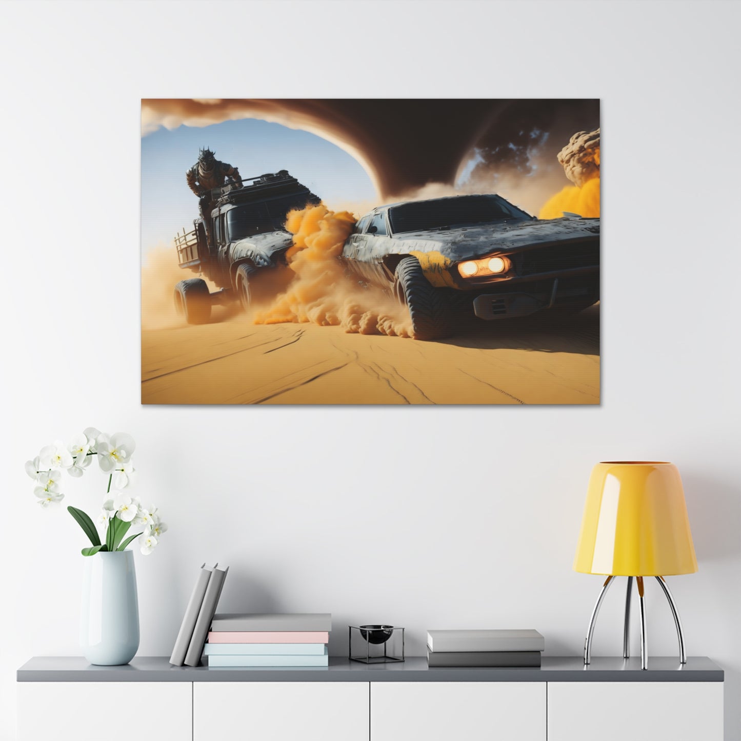 Apocalyptic Desert Chase Canvas Wall Art, Mad Max Style Vehicle Duel with Twister, Bold Living Room Decor, Adventure Seeker Gift