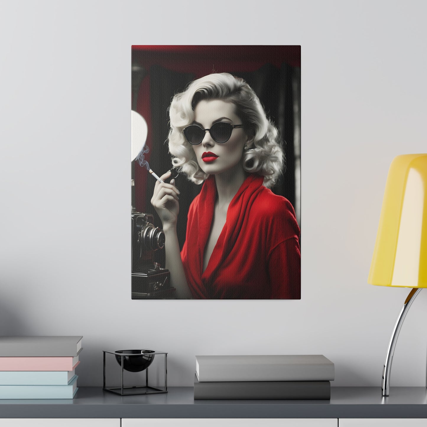 Classic Hollywood Glamour - Timeless Beauty in Red Canvas Print - Vintage-Inspired Starlet with Camera - Available from 8x10 to 32x48 inches