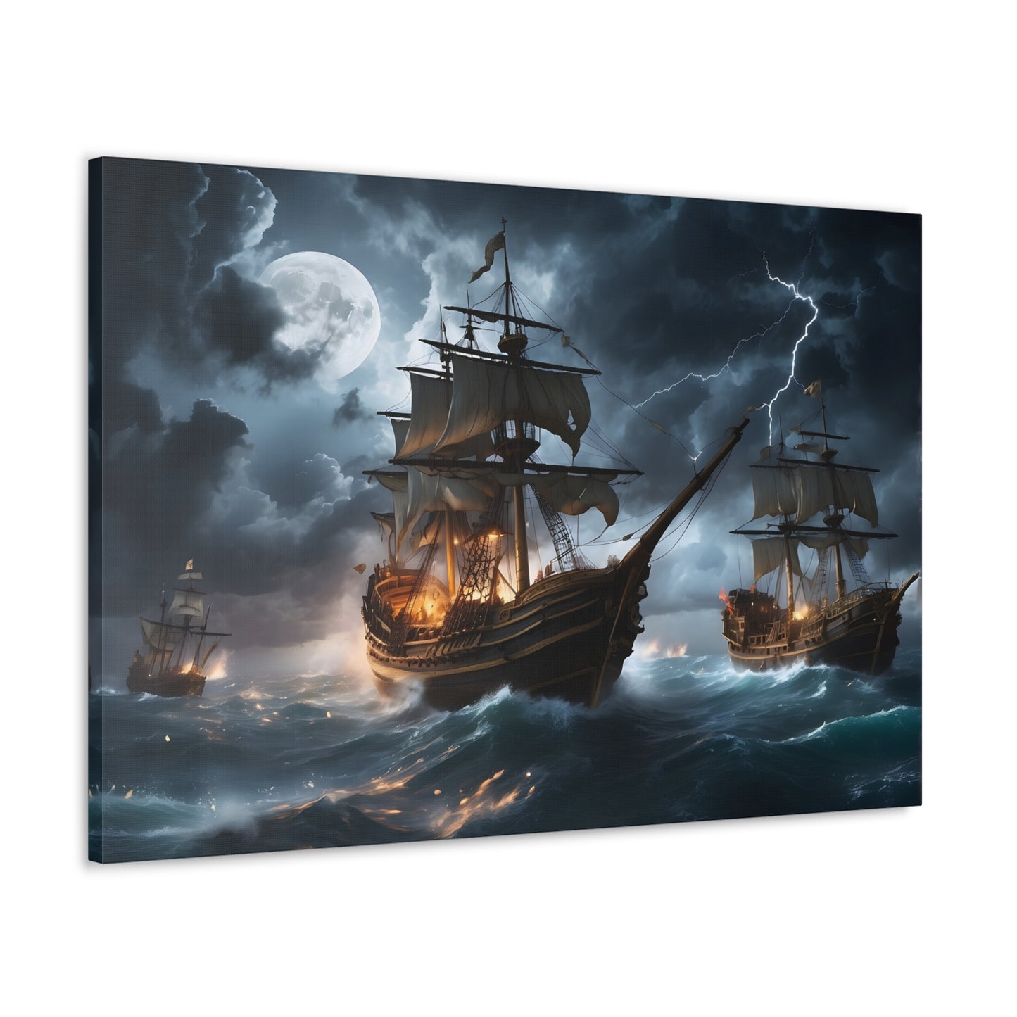 A canvas wrapped print  with the image of vintage tall ships in a battle at sea during a intense storm. 