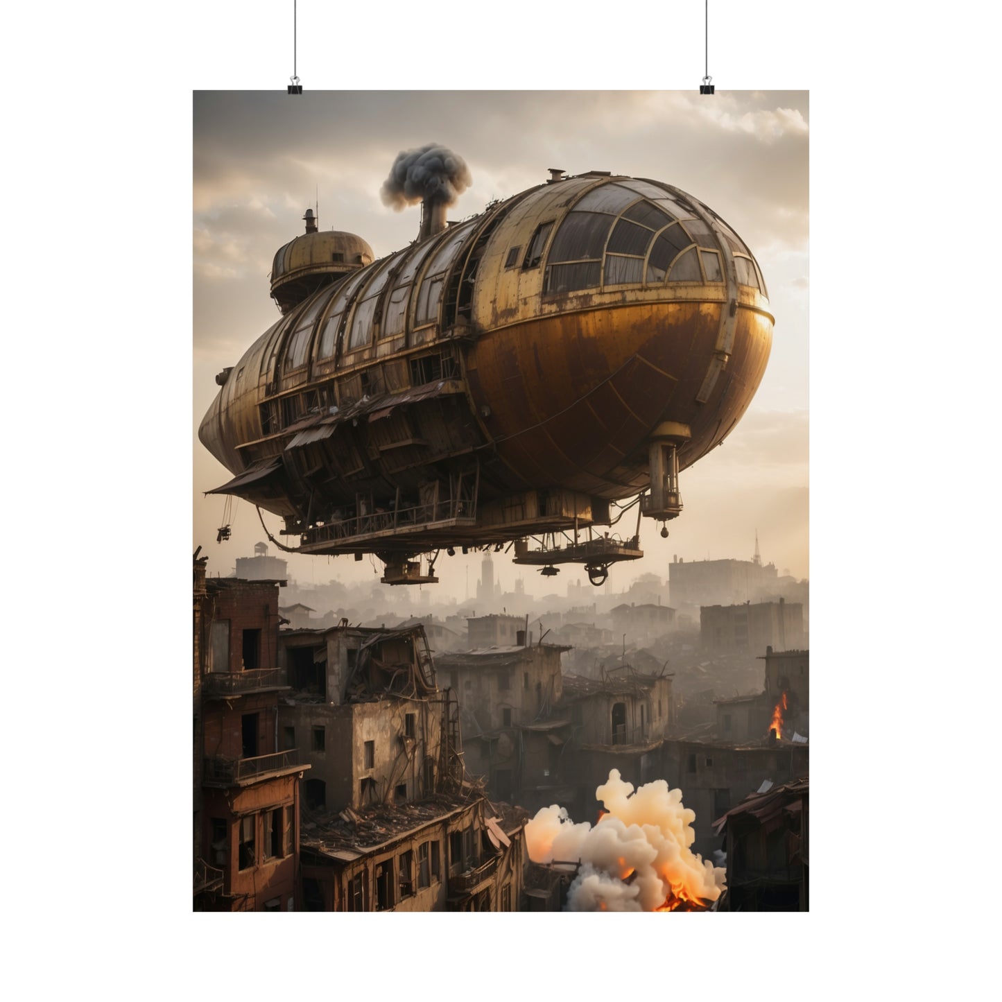 Steampunk Airship Poster - Rustic Dystopian Landscape Art Print - Wall Decor for Sci-Fi Enthusiasts - Great Gaming Room Decor