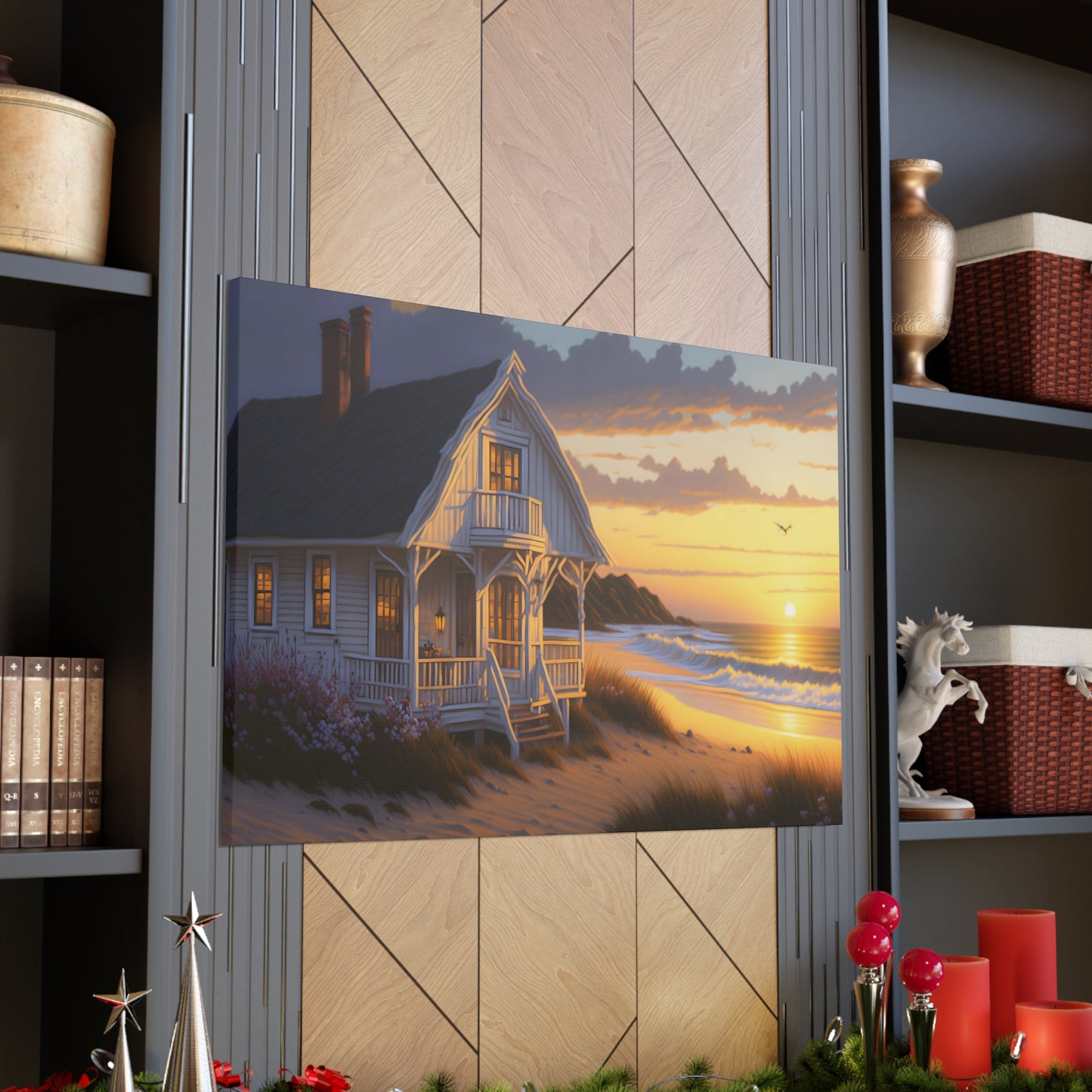 Coastal Retreat: Beach Cottage Canvas Wrap, Idyllic Coastal Landscapes, Serene Ocean Views, and Beachside Escapes, Sand Beaches.