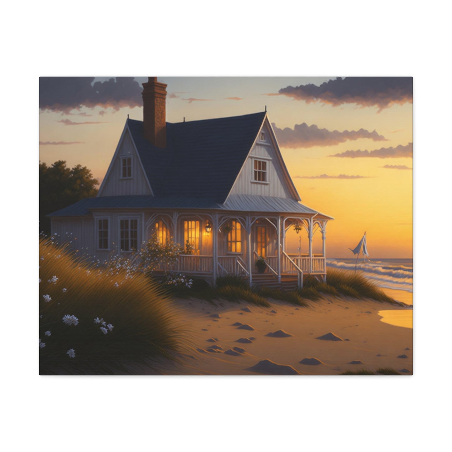 Coastal Retreat: Beach Cottage Canvas Wrap, Idyllic Coastal Landscapes, Serene Ocean Views, and Beachside Escapes, Sand Beaches.