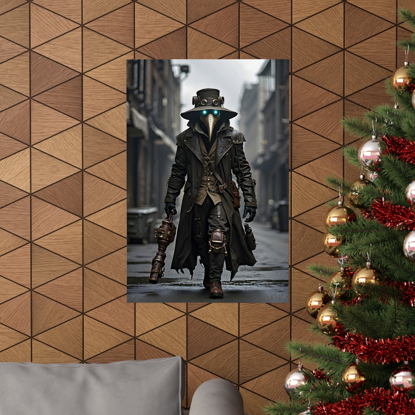 Steampunk Plague Doctor Poster, Modern Art Print with Leather Coat & Green Eyes, Gothic Wall Decor, Unique Gift for Sci-Fi Fans