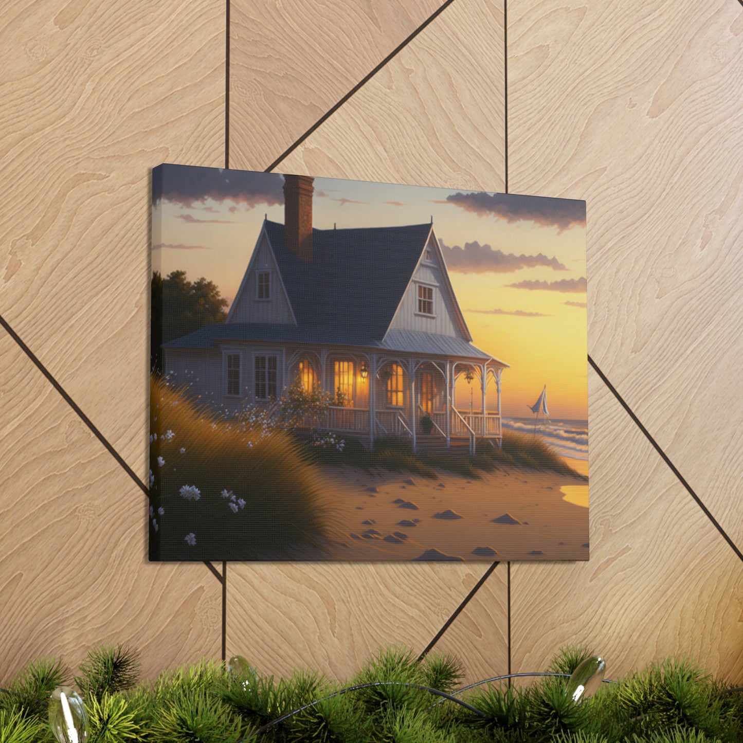 Coastal Retreat: Beach Cottage Canvas Wrap, Idyllic Coastal Landscapes, Serene Ocean Views, and Beachside Escapes, Sand Beaches.