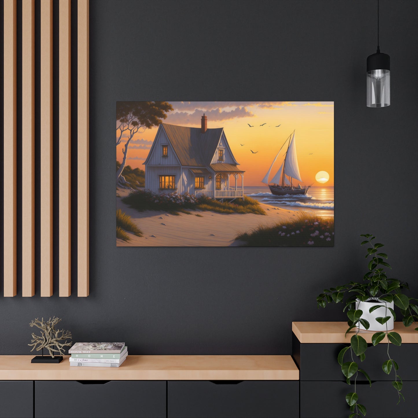 Coastal Retreat: Beach Cottage Canvas Wrap, Idyllic Coastal Landscapes, Serene Ocean Views, and Beachside Escapes, Sandy Beaches.