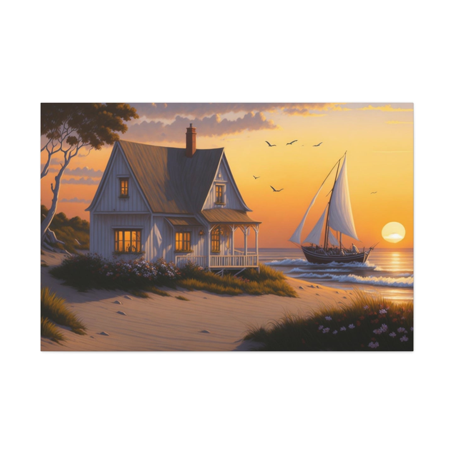 Coastal Retreat: Beach Cottage Canvas Wrap, Idyllic Coastal Landscapes, Serene Ocean Views, and Beachside Escapes, Sandy Beaches.