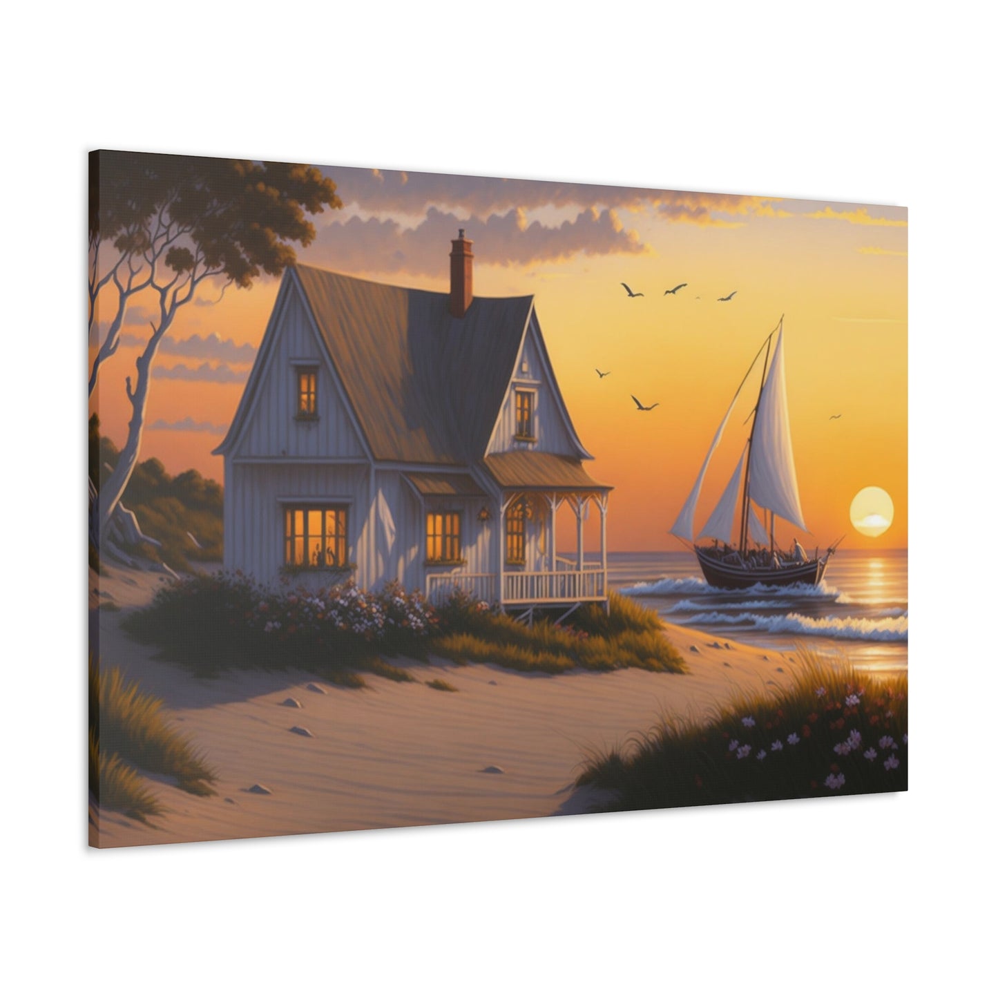 Coastal Retreat: Beach Cottage Canvas Wrap, Idyllic Coastal Landscapes, Serene Ocean Views, and Beachside Escapes, Sandy Beaches.