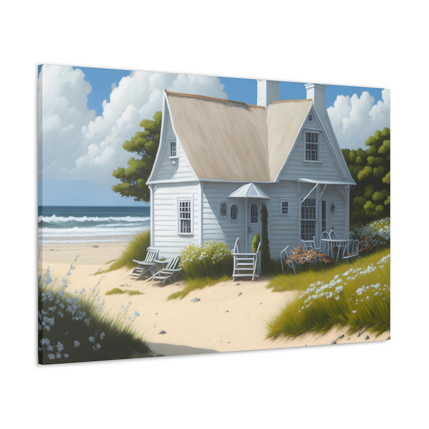 Coastal Retreat: Beach Cottage Canvas Wrap, Idyllic Coastal Landscapes, Serene Ocean Views, and Beachside Escapes, Sand Beaches.