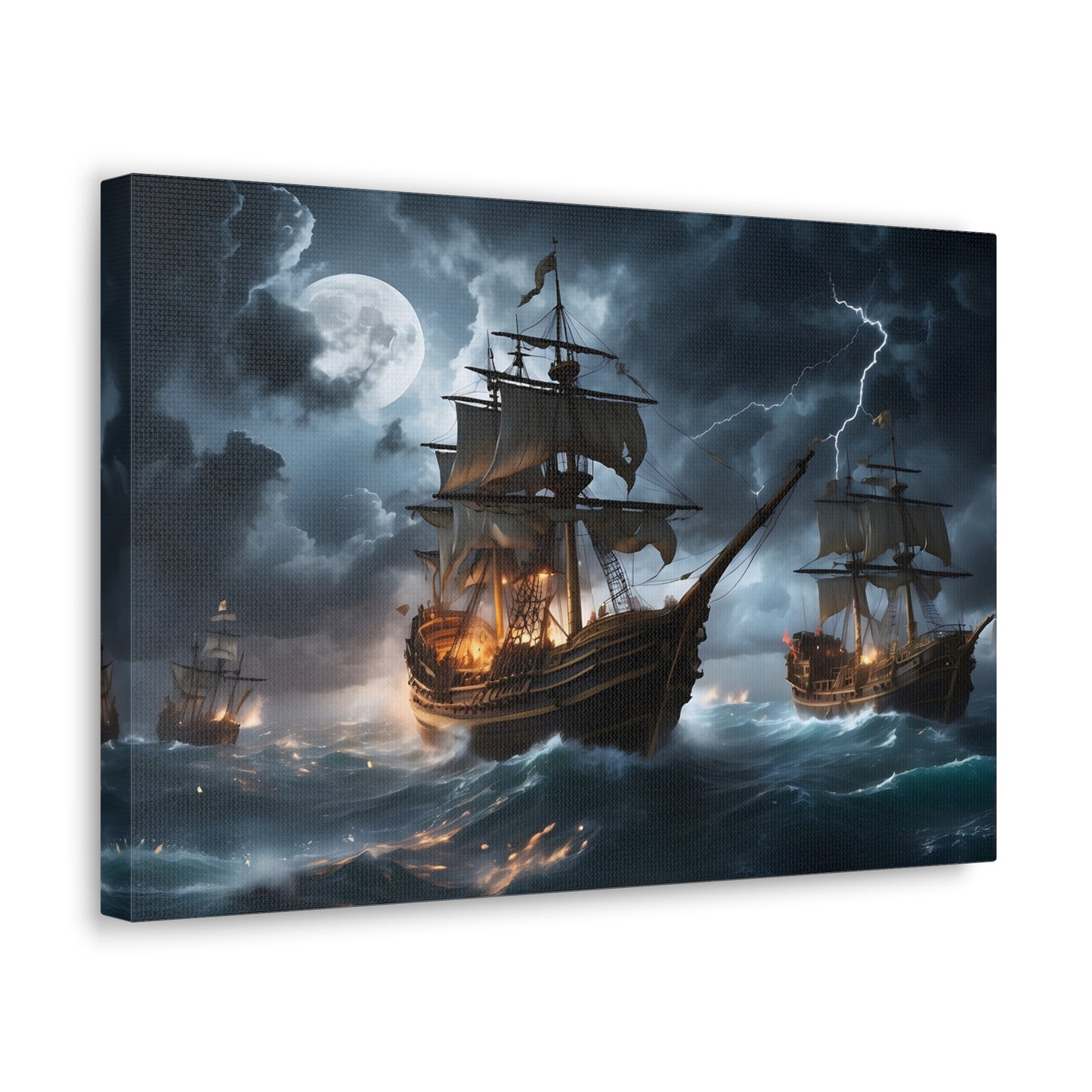 A canvas wrapped print  with the image of vintage tall ships in a battle at sea during a intense storm. 