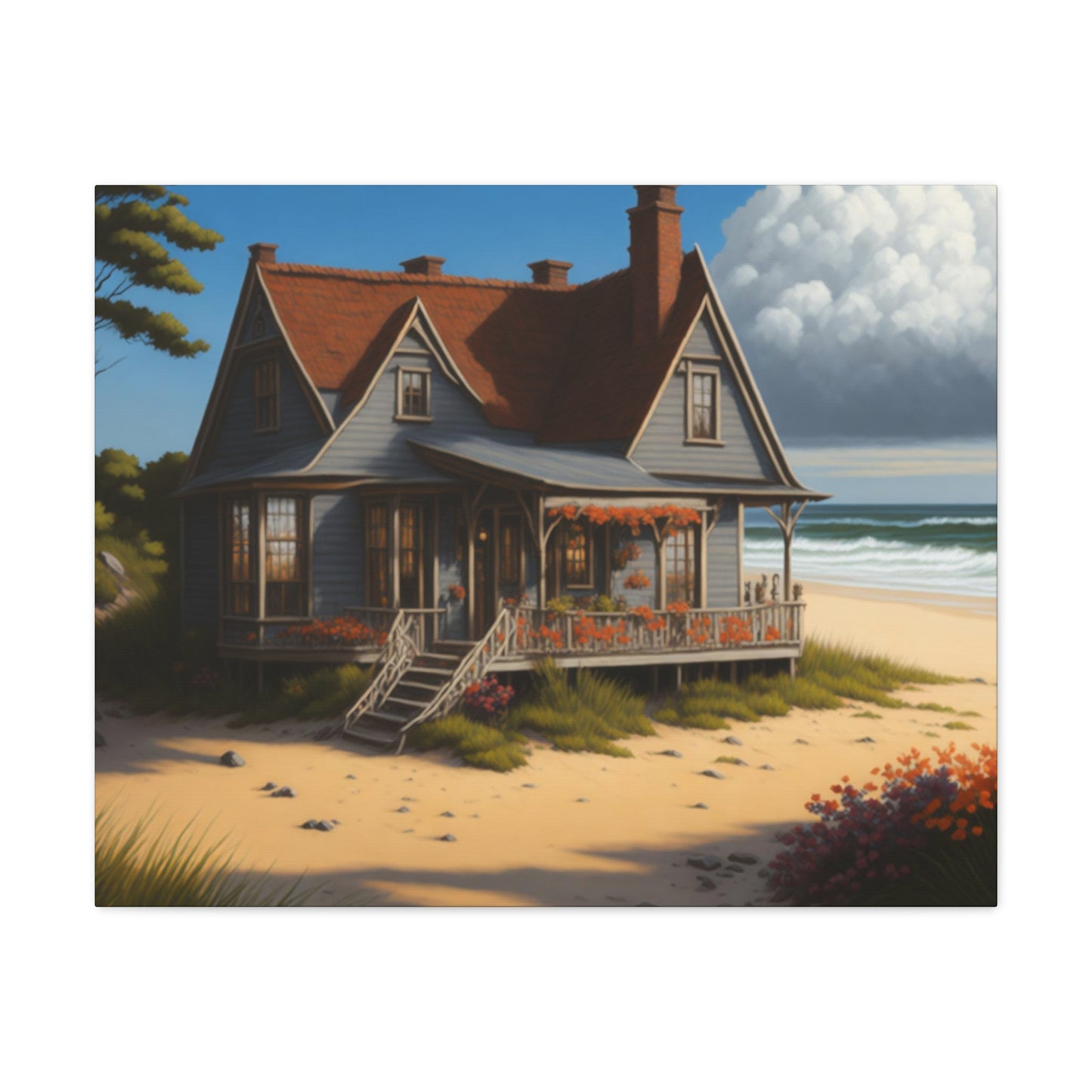 Coastal Retreat: Beach Cottage Canvas Wrap, Idyllic Coastal Landscapes, Serene Ocean Views, and Beachside Escapes, Sand Beaches.