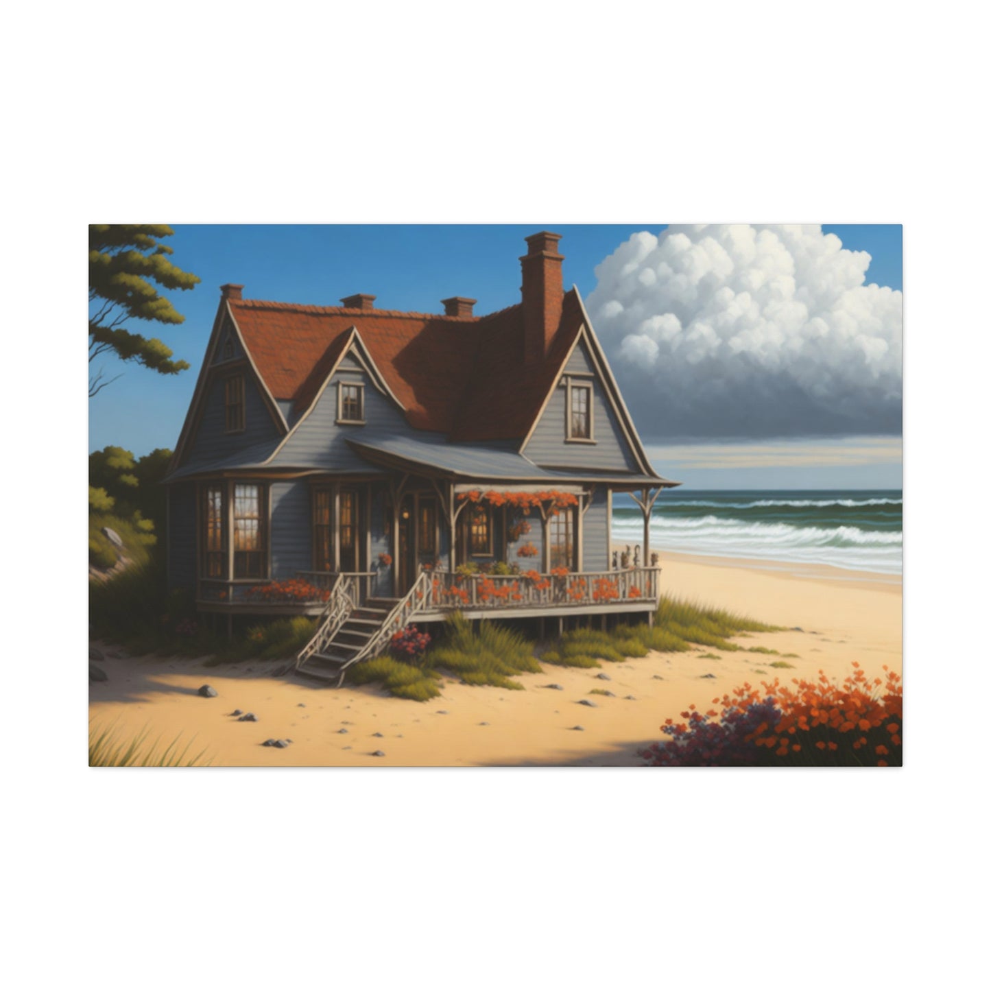 Coastal Retreat: Beach Cottage Canvas Wrap, Idyllic Coastal Landscapes, Serene Ocean Views, and Beachside Escapes, Sand Beaches.