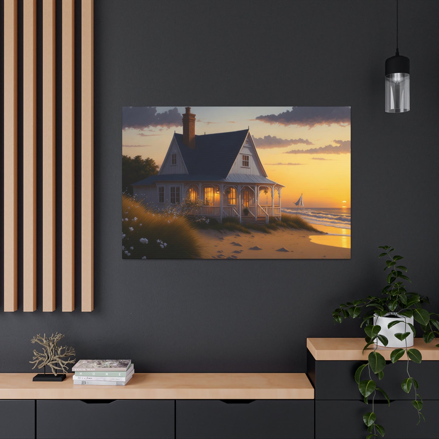 Coastal Retreat: Beach Cottage Canvas Wrap, Idyllic Coastal Landscapes, Serene Ocean Views, and Beachside Escapes, Sand Beaches.