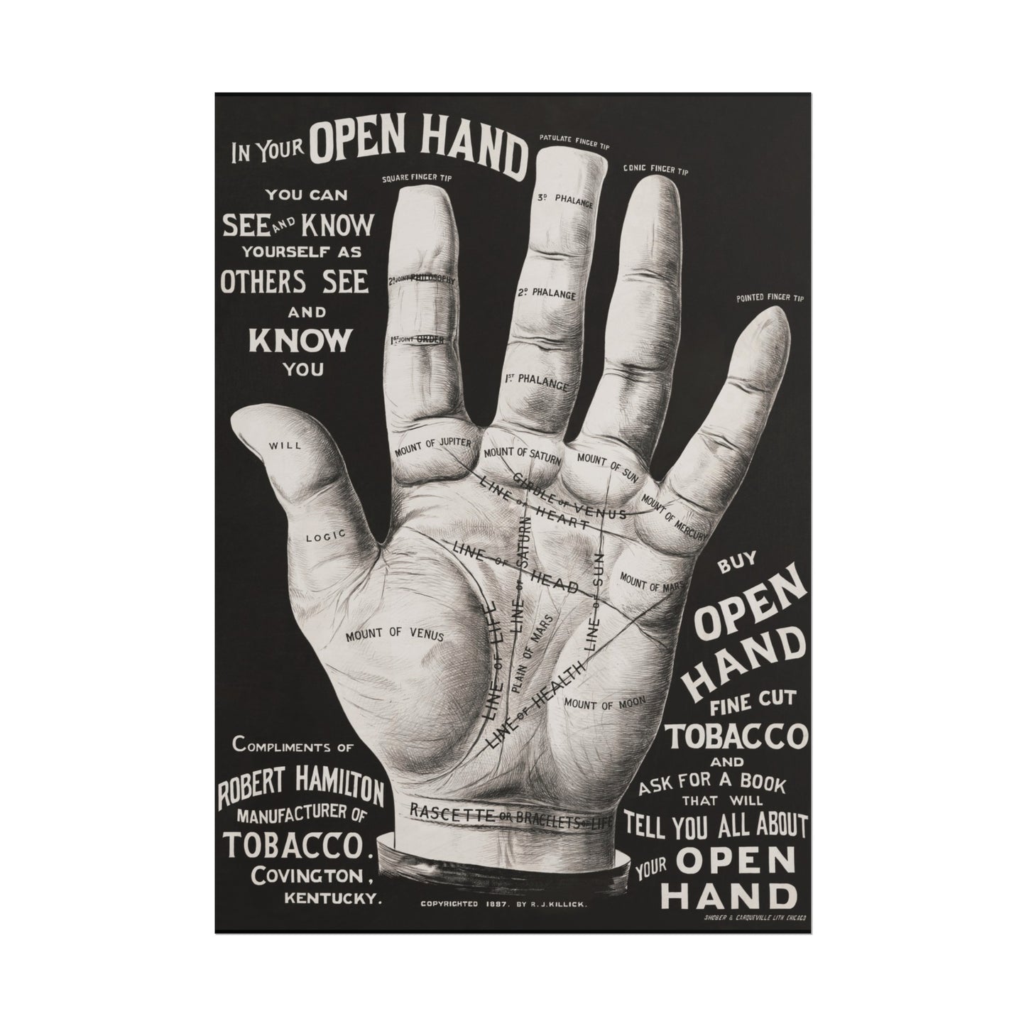 Vintage Palmistry Hand Poster | Open Hand Fine Cut Tobacco | Five Sizes Available | Retro Wall Art | Occult Décor | 1887 Advertisement