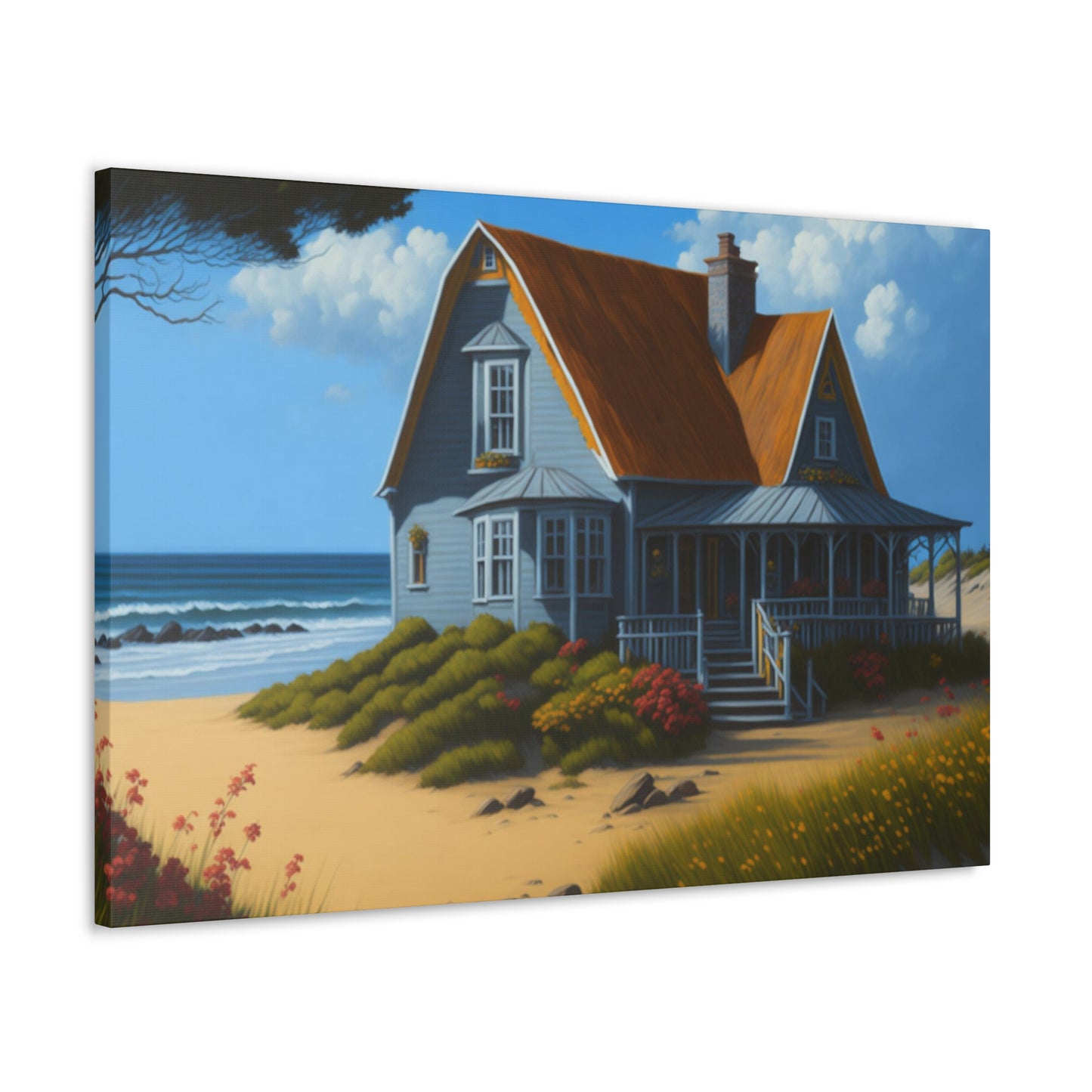 Coastal Retreat: Beach Cottage Canvas Wrap, Idyllic Coastal Landscapes, Serene Ocean Views, and Beachside Escapes, Sand Beaches.