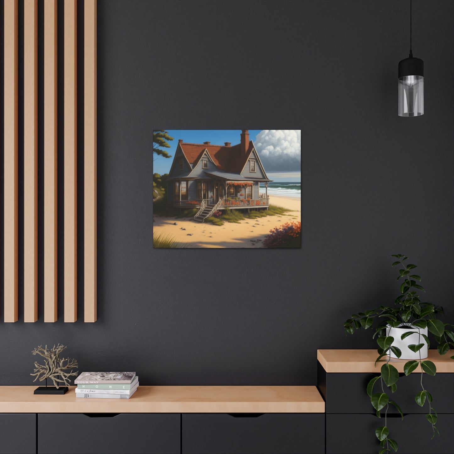 Coastal Retreat: Beach Cottage Canvas Wrap, Idyllic Coastal Landscapes, Serene Ocean Views, and Beachside Escapes, Sand Beaches.