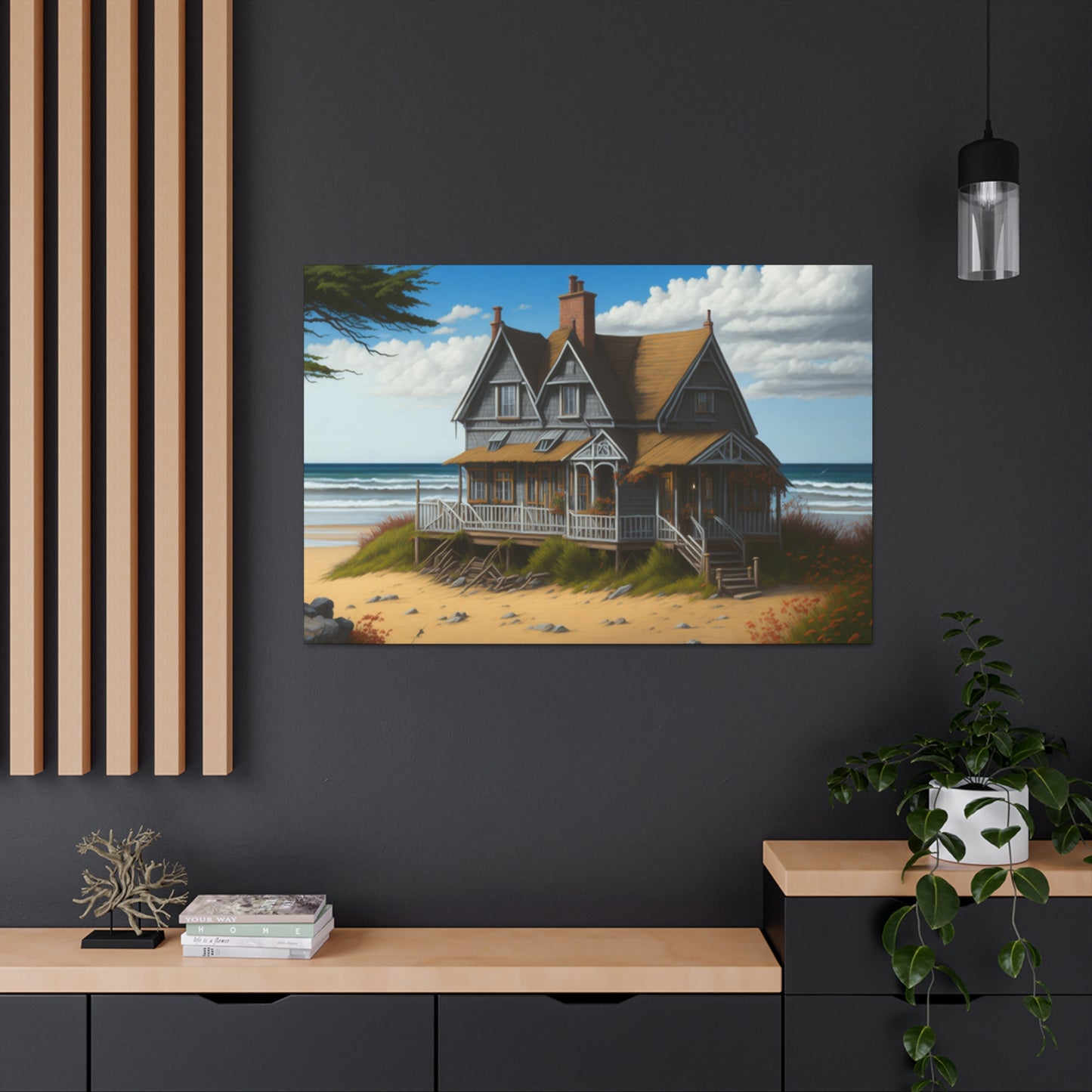 Coastal Retreat: Beach Cottage Canvas Wrap, Idyllic Coastal Landscapes, Serene Ocean Views, and Beachside Escapes, Sand Beaches.