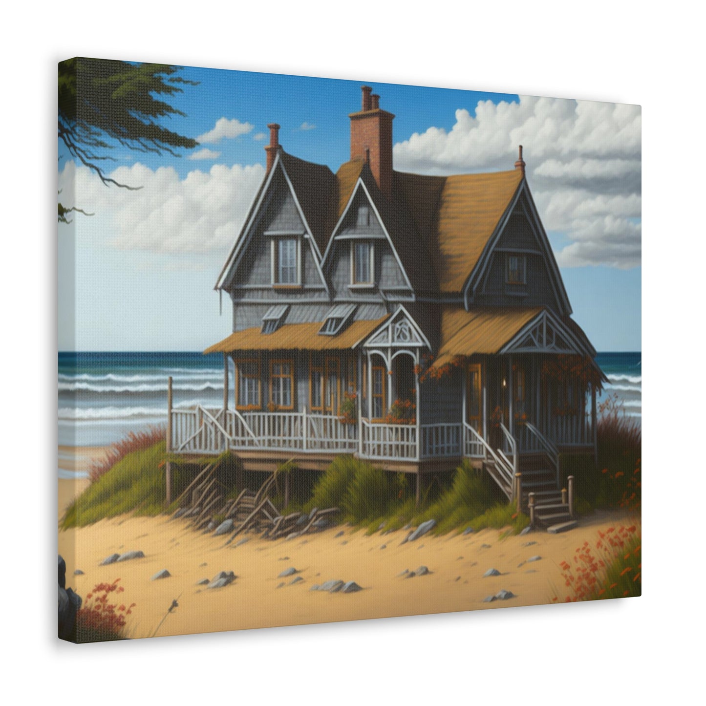 Coastal Retreat: Beach Cottage Canvas Wrap, Idyllic Coastal Landscapes, Serene Ocean Views, and Beachside Escapes, Sand Beaches.