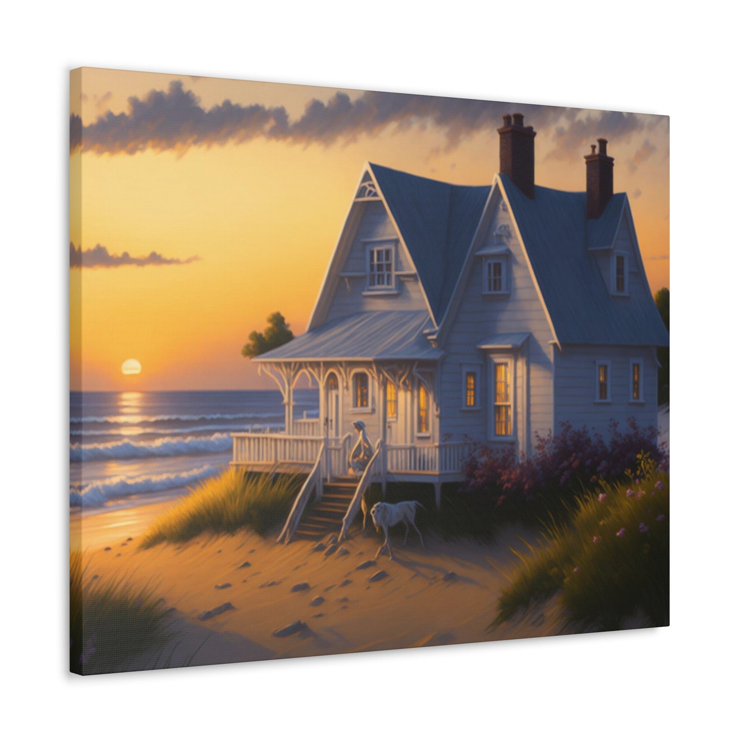 Coastal Retreat: Beach Cottage Canvas Wrap, Idyllic Coastal Landscapes, Serene Ocean Views, and Beachside Escapes, Sandy Beaches.