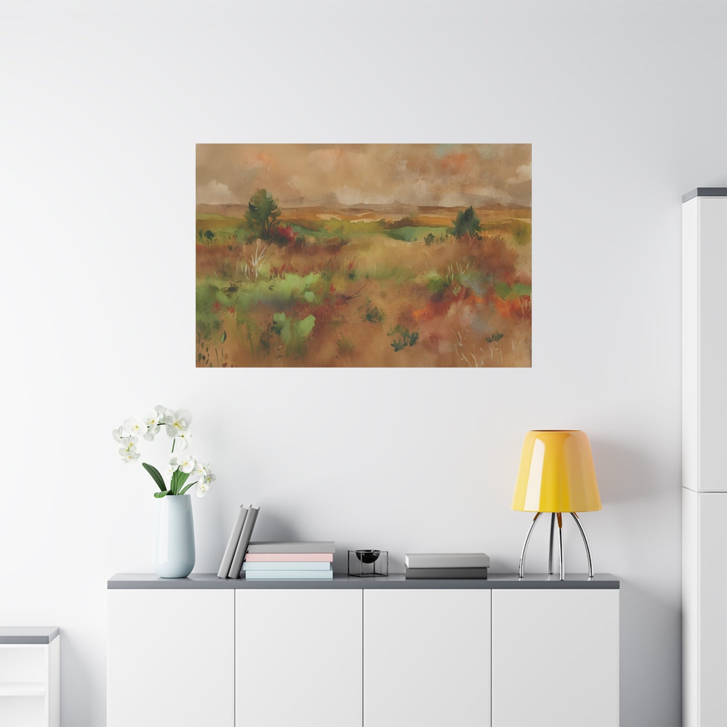 Autumn Meadow Watercolor Art Print, Large Canvas Wall Decor, Serene Landscape Painting, Nature-Inspired Home Decor, Multiple Sizes