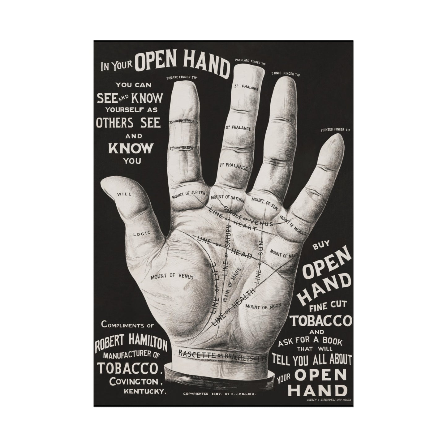 Vintage Palmistry Hand Poster | Open Hand Fine Cut Tobacco | Five Sizes Available | Retro Wall Art | Occult Décor | 1887 Advertisement