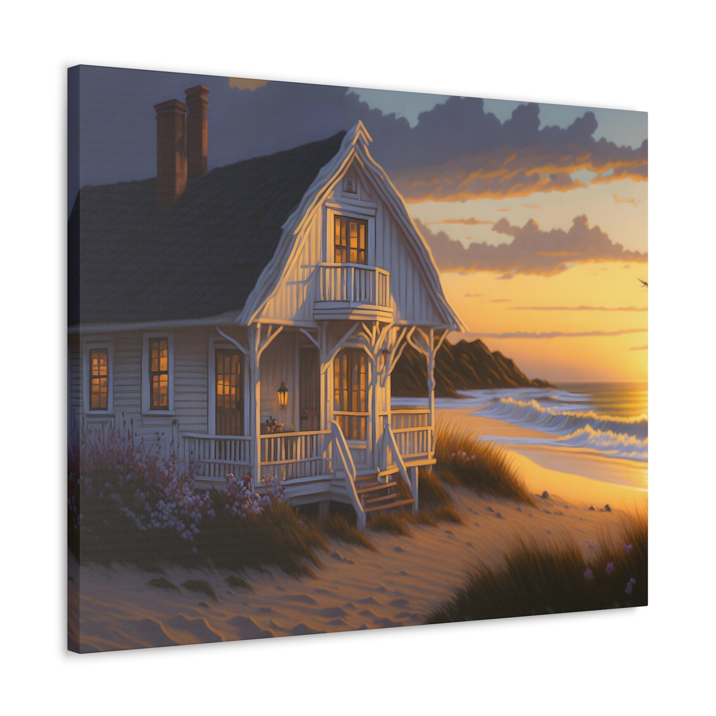 Coastal Retreat: Beach Cottage Canvas Wrap, Idyllic Coastal Landscapes, Serene Ocean Views, and Beachside Escapes, Sand Beaches.